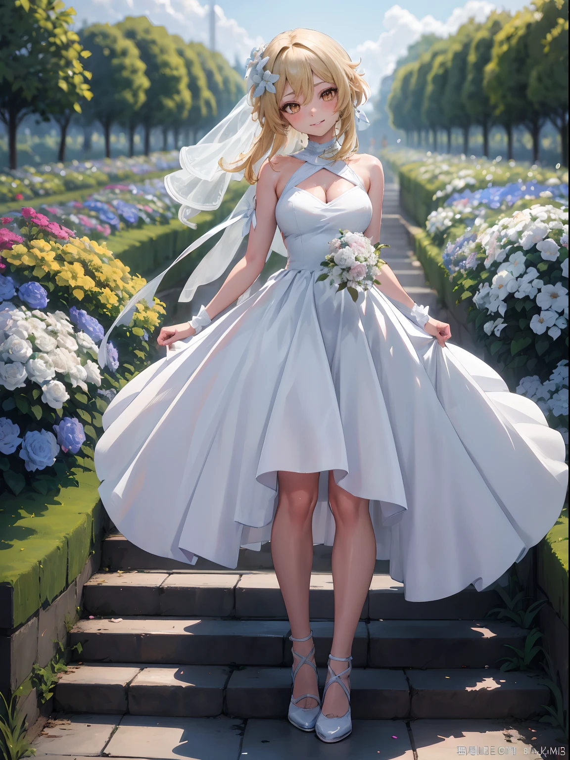 Lumine | genshin impact, master-piece, bestquality, 1girls,25 years old, proportional body, proportional., Wedding Dresses, White Wedding Dress, Long skirt, wedding, ,bara, Standing in the middle of a flower garden, outdoor, wedding, The sky is beautiful, Both hands hold a bouquet of flowers......................................., View viewers from the front., Thigh strap, Head tilt, bored, 10, 10, HD, slight smile,