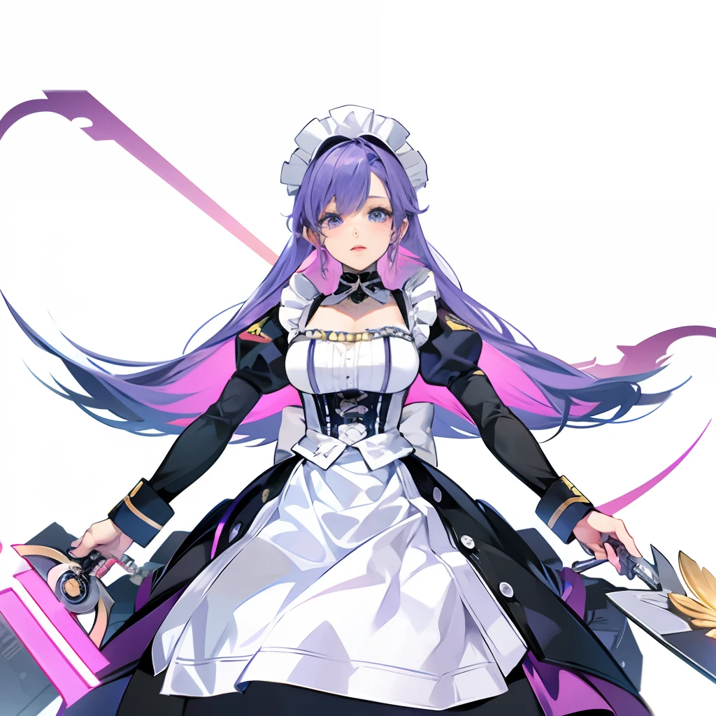Anime character with purple hair and white apron holding a big knife, A scene from the《azur lane》videogame, anime girl in a maid costume, official character art, Kushatt Krenz Key Art Women, azur lane style, Maid outfit, offcial art, maid, Marin Kitagawa fanart, anime maid ss military, Best anime 4k konachan wallpaper,hyper HD, Masterpiece, ccurate, High details, High quality, Best quality, A high resolution, 8K