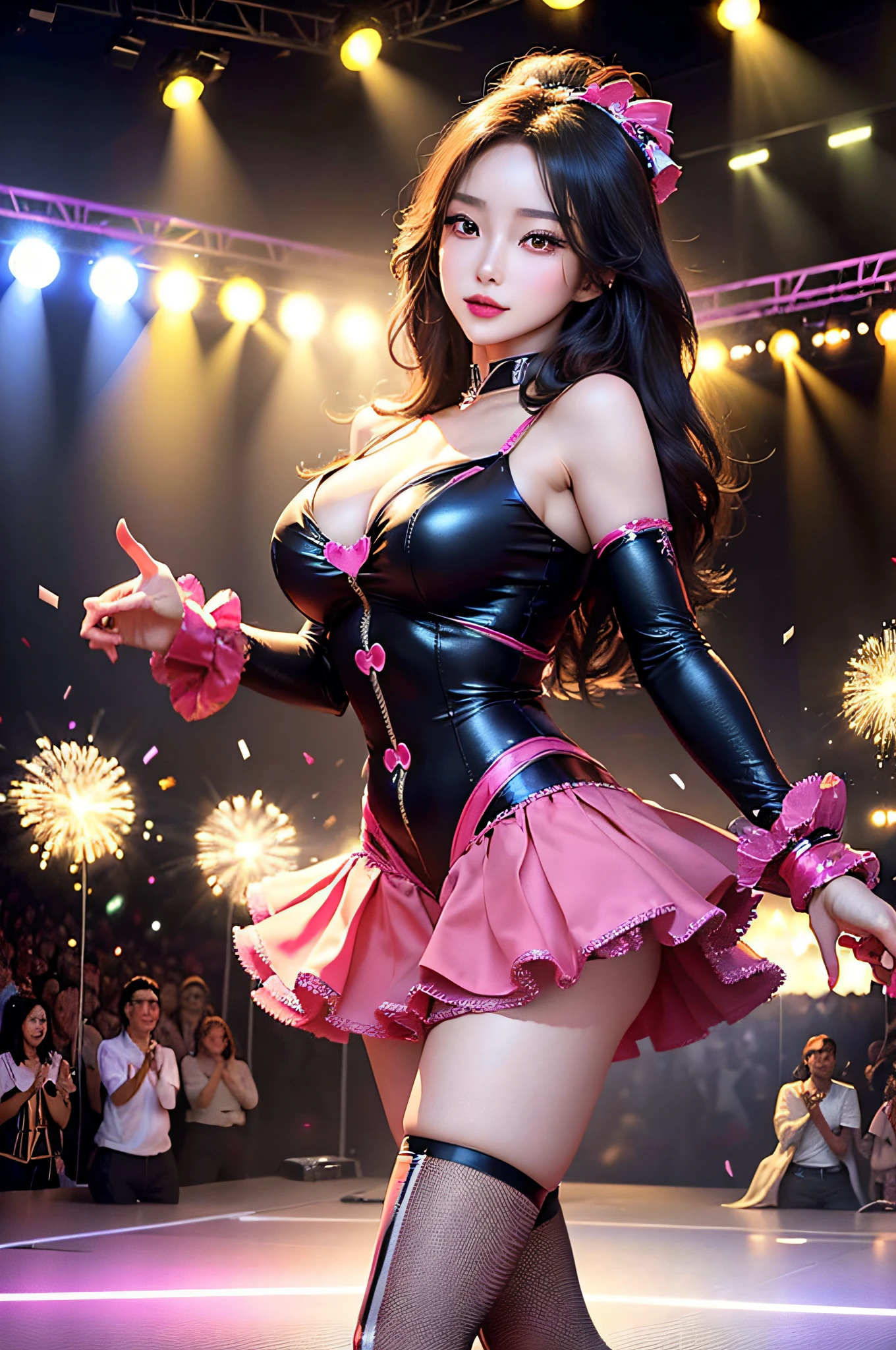 (best quality,4k,8k,highres,masterpiece:1.2),ultra-detailed,(realistic,photorealistic,photo-realistic:1.37),portraits,colorful,lighting effects,long legs,beautiful face,stylish fashion,confident smile,trendy hairstyle,feminine charm,impeccable makeup,dancing pose,stage performance,vibrant stage background,spotlights,glamorous attire,bright costume,sparkling accessories,energetic movements,seductive gaze,perfect complexion,fashionable high heels,posing with microphone,flawless skin,expressive eyes,celebrity status,pop music,adoring fans,confetti and fireworks,fancy stage props,heart-shaped stage,exuberant energy,entertaining crowd,electrifying atmosphere,sizzling performance,multicolored lights,dynamic presence,impressive dance routine,gorgeous visual spectacle,k-pop sensation