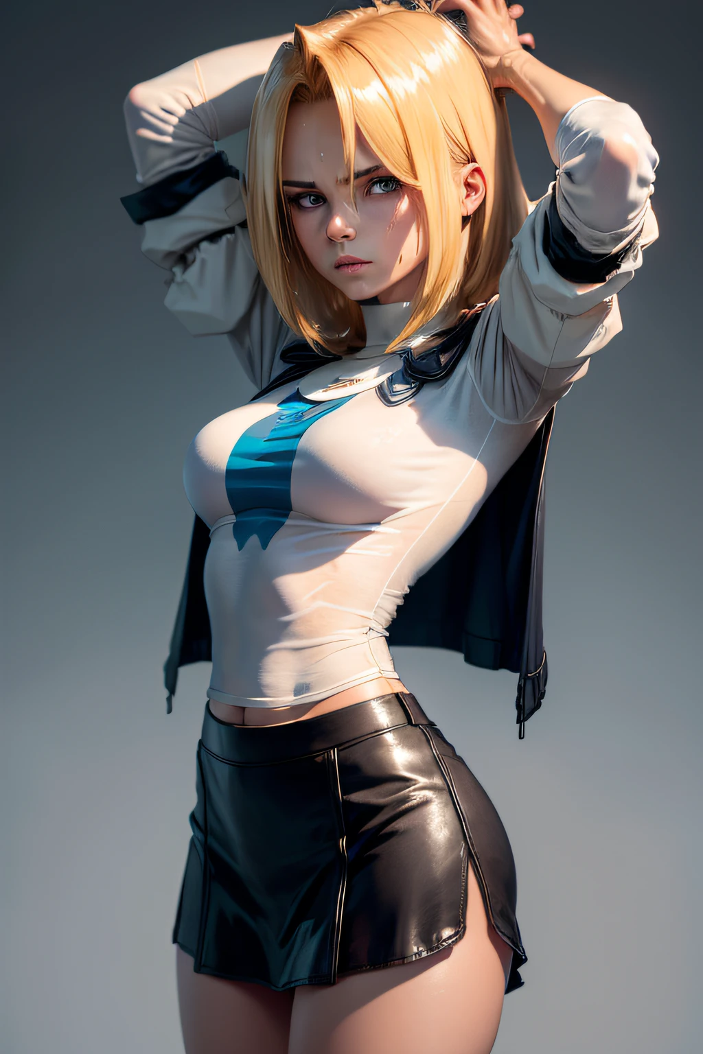 Android 18 lifting a car over her head, she's wearing her classic blue skirt and black jacket with long striped sleeves. She is soaked with sweat. (sweat soaked) her chest strains the fabric of her white t-shirt and medium sized, sweaty breasts are partially visible through her soaked t-shirt. (blonde hair) (highly detailed skin) (UHD) (sexy, feminine, sweat) (high quality) (dynamic pose)