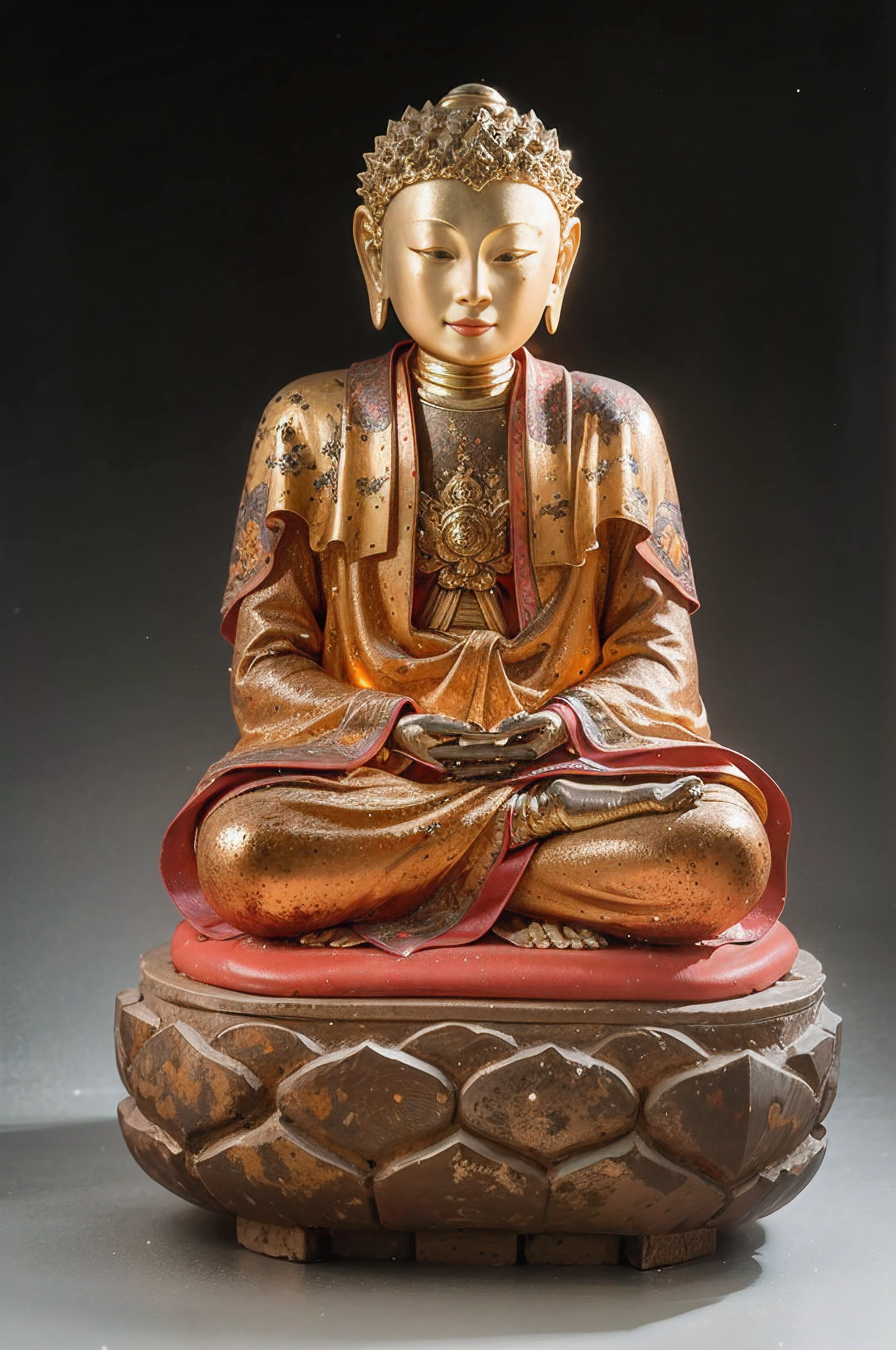 16k, super delicate, contrast, golden, full body gold, statue of man sitting on rock with bowl in hand, thinker, thinker pose, statue, wooden statue, bronze statue, sitting pose, thinking pose, statue, classical statue, bronze statue and silver, art illustration, sculpture, thinker, floating e-e sculpture, medical depiction, Buddhist art, Buddha, sitting on a chair. complex