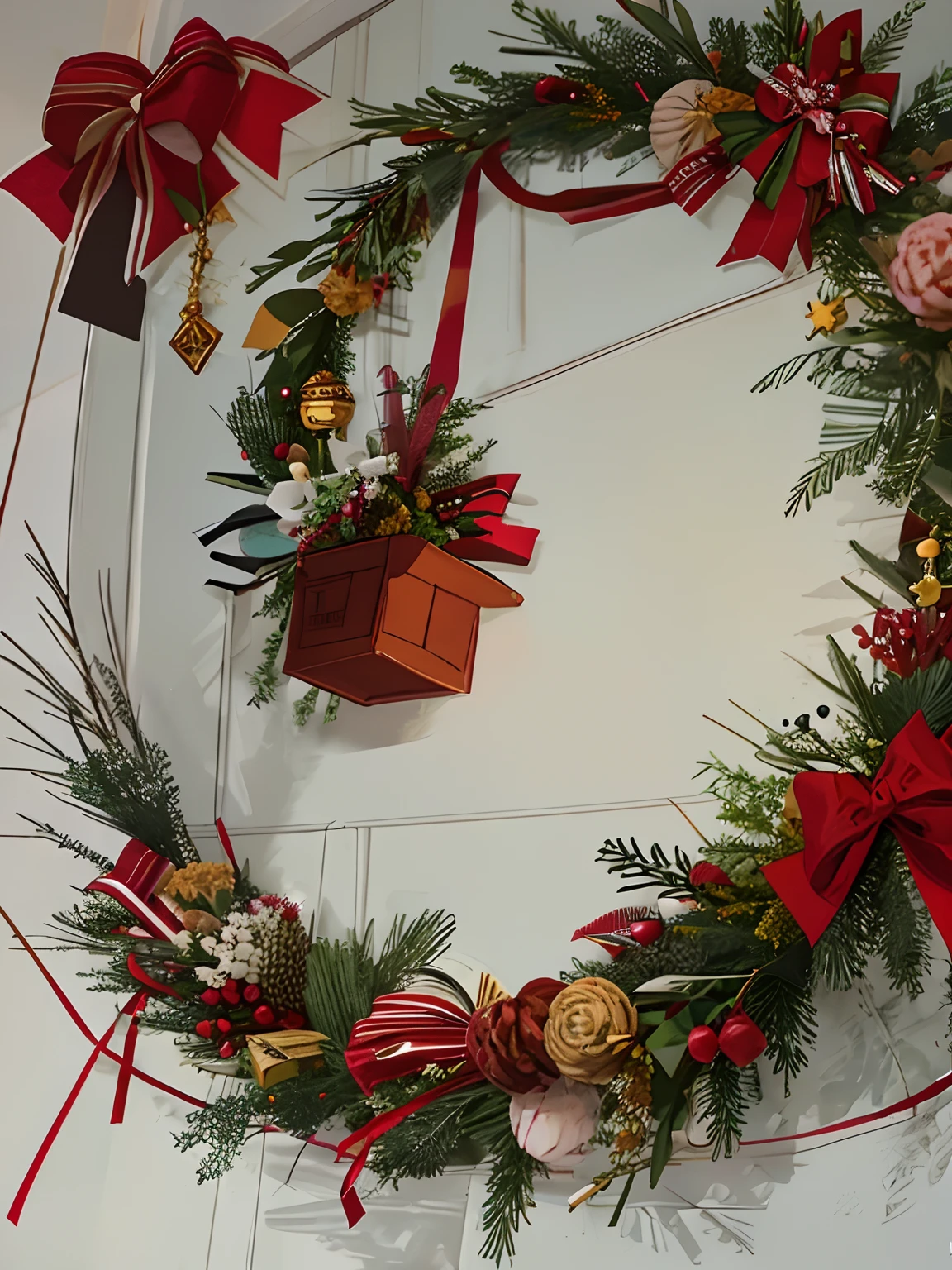 Close-up of wreath with pine cone and red bow, delicacy, added detail, hight decorated, Fully decorated, N- 4, N-4, n - 4, N-4, festivity, decorations, Handmade, accurate and detailed, mixed, sally, designer, n - 6, version 3, There are a lot of thin decorations, well decorated