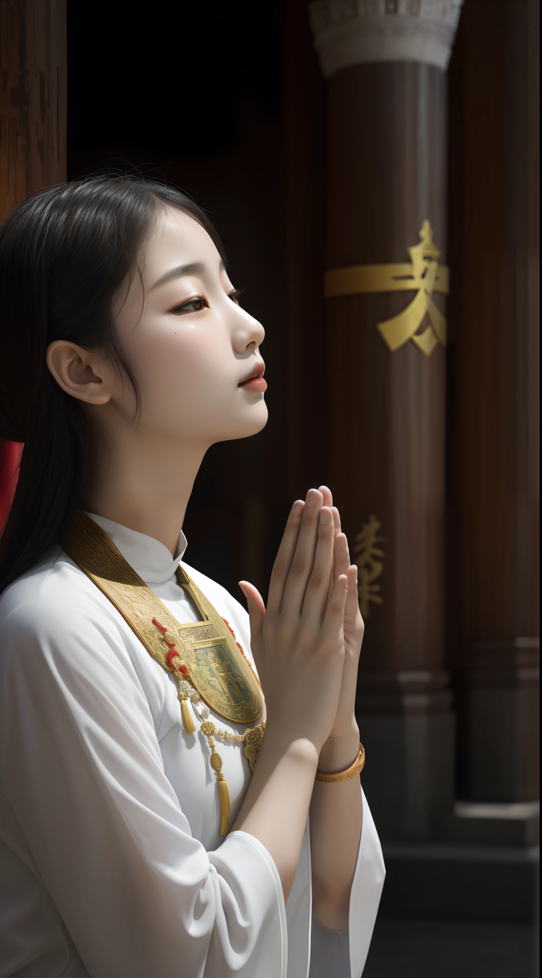 Arad women in white shirts pray in front of the pillars, prayer meditation, praying pose, doing a prayer, prayer hands, DOA, Kneel and pray, Beautiful oriental woman, Asian woman, Chinese woman, Chinese girl, An Asian woman, Asian girl, blessing hand, religious imagery, south east asian with long, majestic saint woman, DOA