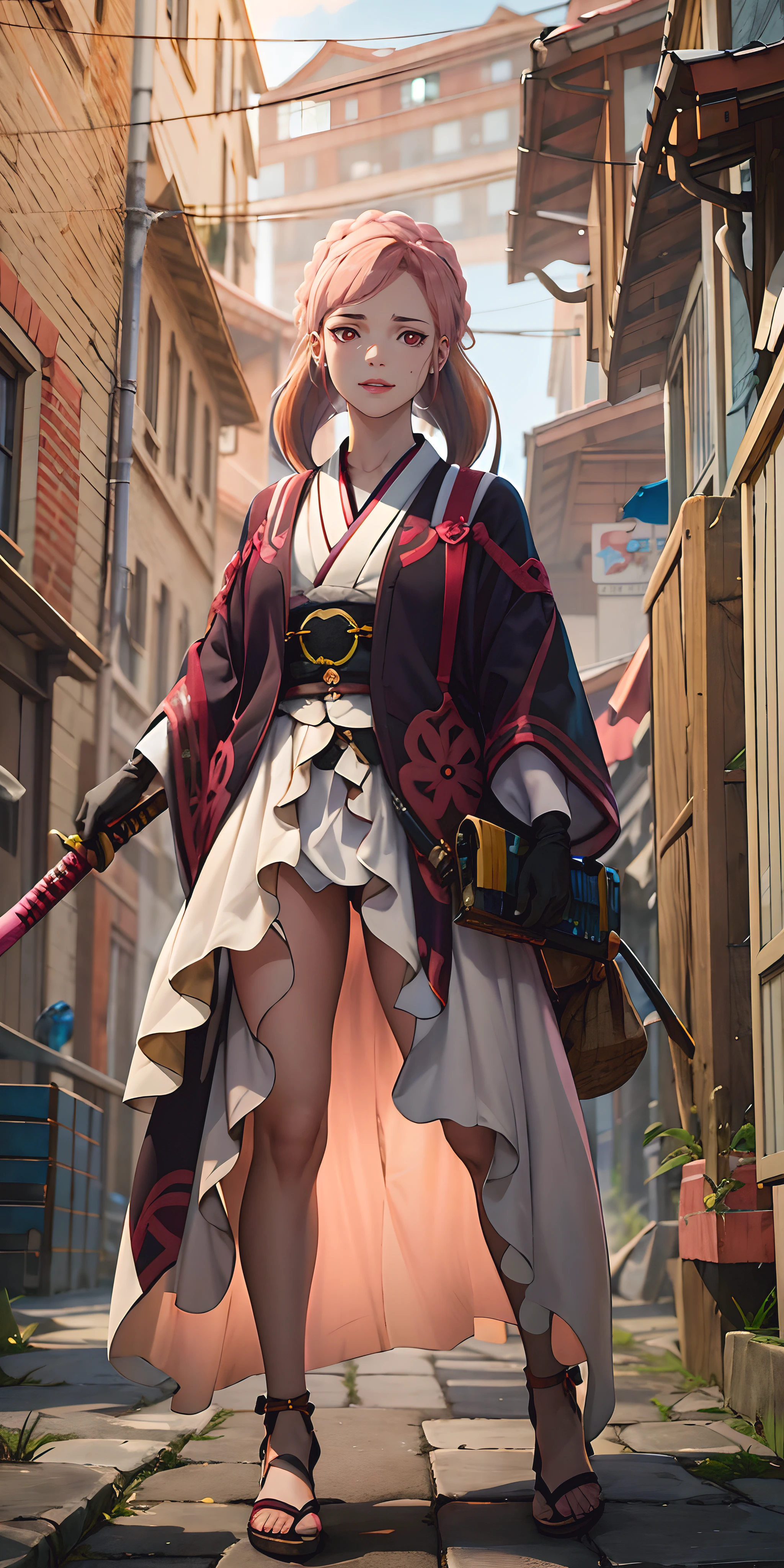 SnbAmr-KJ , crown braid , twintails, (pink hair:1.7), red eyes, breasts, smirk, upper teeth, katana, 1girl, holding katana, gloves, standing, looking_at_viewer, sheath, full_body, breasts, japanese_clothes, solo, sandals, kimono, holding_katanna, black_gloves, building, outdoors, architecture, dual_wielding, large_breasts, glow effects, godrays, Hand drawn, render, 8k, octane render, cinema 4d, blender, dark, atmospheric 4k ultra detailed, cinematic, Sharp focus, big depth of field, Masterpiece, colors, 3d octane render, 4k, concept art, trending on artstation, hyperrealistic, Vivid colors, extremely detailed CG unity 8k wallpaper, trending on CGSociety, Intricate, High Detail, dramatic"",