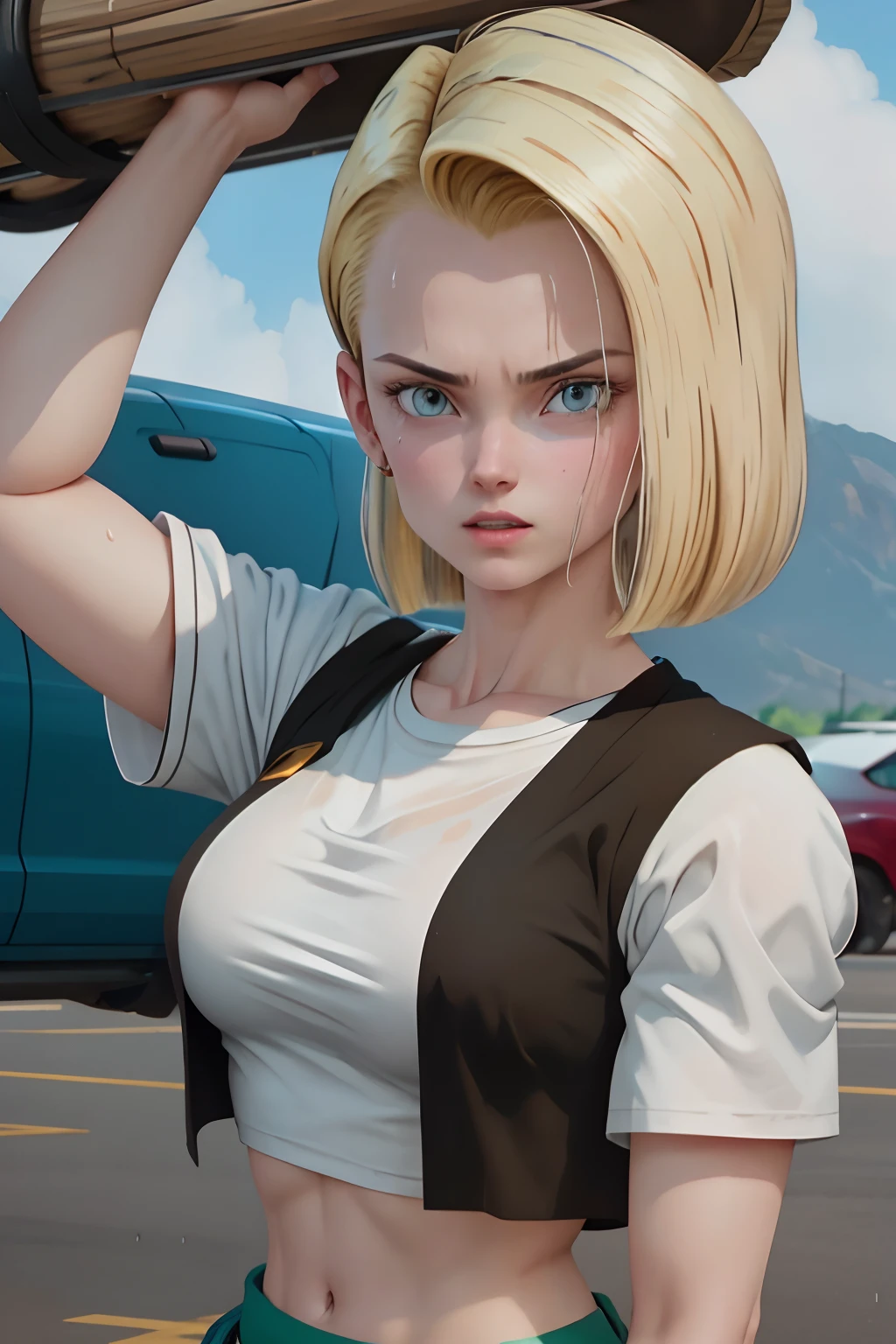 Android 18 lifting a car over her head, she's wearing her classic blue skirt and black jacket with long striped sleeves. She is soaked with sweat. (sweat soaked) her chest strains the fabric of her white t-shirt and medium sized, sweaty breasts are partially visible through her soaked t-shirt. (blonde hair) (highly detailed skin) (UHD) (sexy, feminine, sweat) (high quality) (dynamic pose)