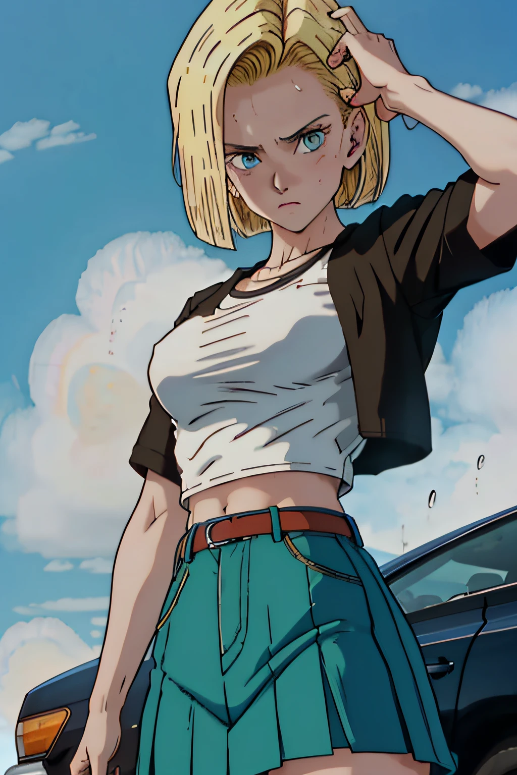 Android 18 lifting a car over her head, she's wearing her classic blue skirt and black jacket with long striped sleeves. She is soaked with sweat. (sweat soaked) her chest strains the fabric of her white t-shirt and medium sized, sweaty breasts are partially visible through her soaked t-shirt. (blonde hair) (highly detailed skin) (UHD) (sexy, feminine, sweat) (high quality) (dynamic pose)