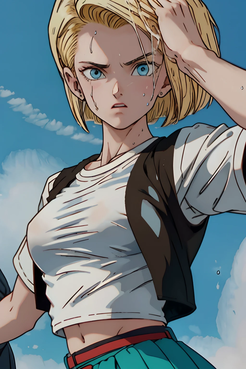 Android 18 lifting a car over her head, she's wearing her classic blue skirt and black jacket with long striped sleeves. She is soaked with sweat. (sweat soaked) her chest strains the fabric of her white t-shirt and medium sized, sweaty breasts are partially visible through her soaked t-shirt. (blonde hair) (highly detailed skin) (UHD) (sexy, feminine, sweat) (high quality) (dynamic pose)