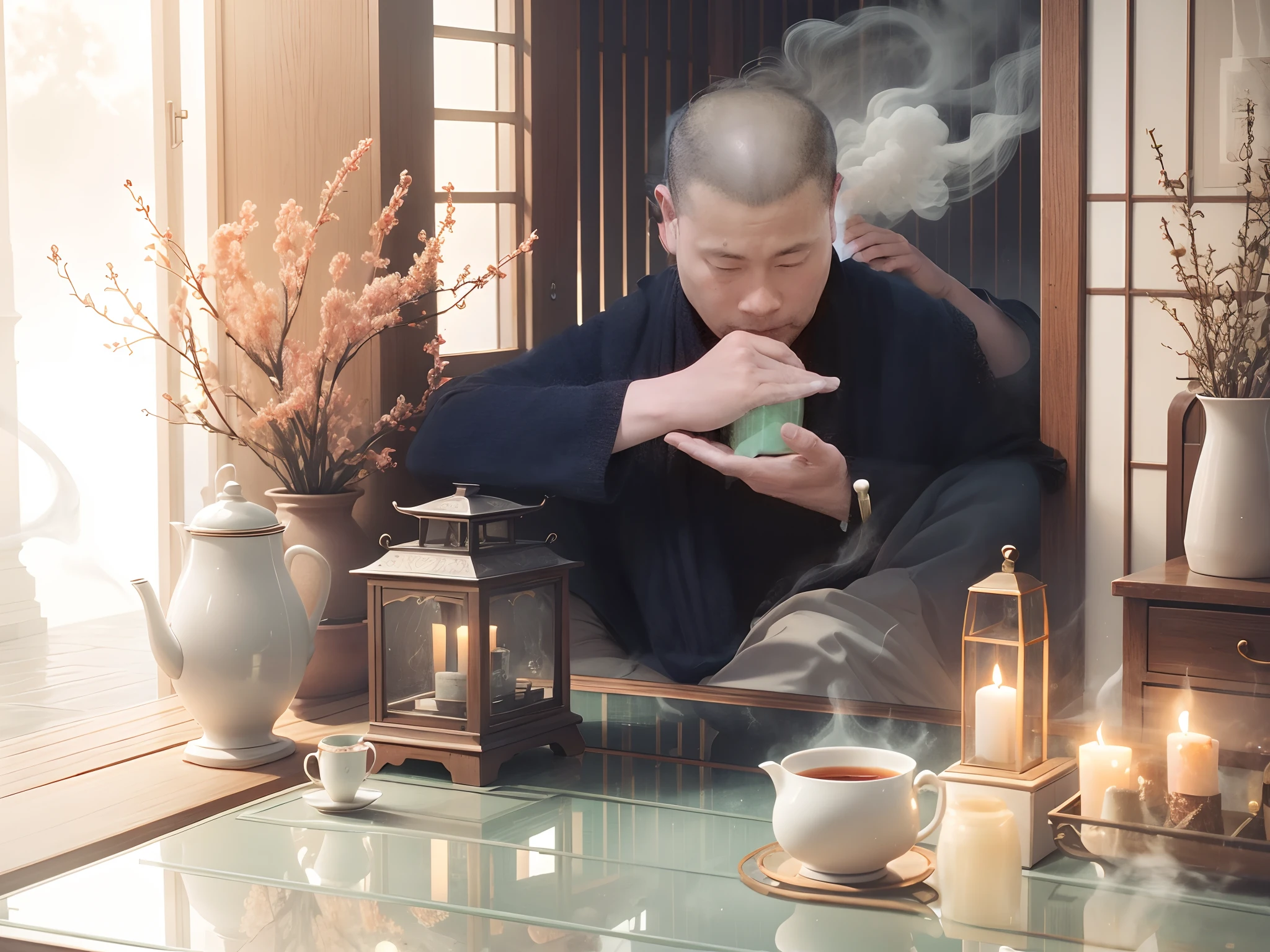 Pavilion, smoke and rain, tea set, burning incense, relaxing, calming --auto --s2