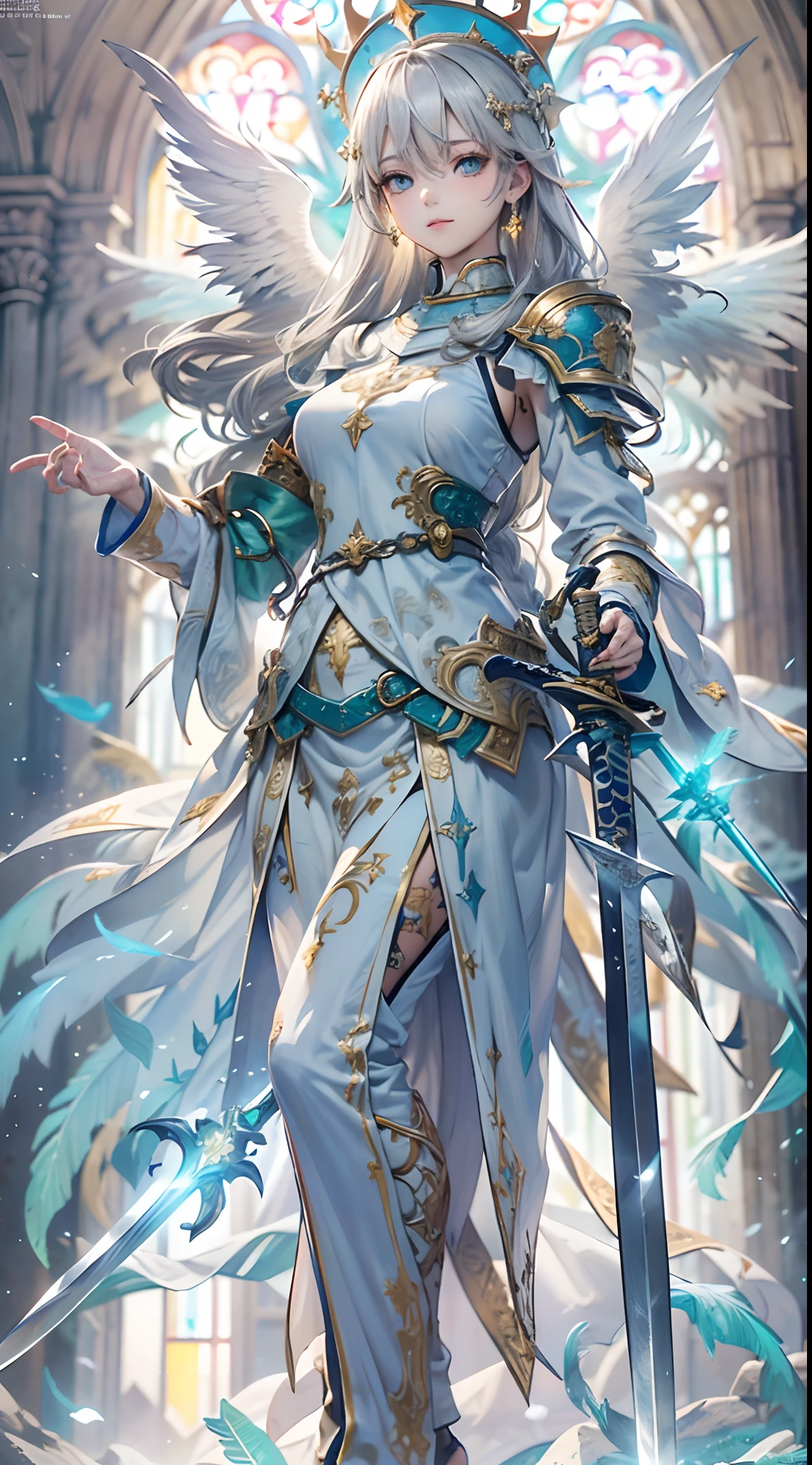 (Official art、Best Quality、Unity 8k Wallpapers、32K、masterpiece、ultra-detailliert、超A high resolution、realisitic、Photorealsitic、Very ridiculous:1.2)、(Cinematic lighting:1.2)、Fireglow effect、film grains、Best Shadows、Rim lighting、side lights、(Ultra-detailed and complex 3D rendering)、Detailed beautiful face and eyes、Sharp pupils、Realistic pupils、A slender、1Man Woman、Medium bust、(Full body:1.2)、 beauitful face、-yeld beiful girl、(super detailed skin、detailed skin textures:1.3)、(silver blond、Blue-silver hair:1.3)、Paladin、Longhaire、Blunt bangs、Green eyes、3 braids in 1 bunch、(Blue Armor、Blue Boots、Blue helmet、Jeweled、Gold embroidery)、A slender、Maxi skirt、(thighs thighs thighs thighs:0.8)、(chies、in a house、Artistic stained glass、Large pipe organ、crosses、Hello Point、Mystical、a lot of feathers float、angelicales、Particles of light、solemnity、Sunlight is、colourfull、Fantastical:1.2)、(Fantastical:1.3)、(Holding the Holy Sword:1.4)、(Looking away、looking distantly:1.3)、Fantastical、Gentle smile