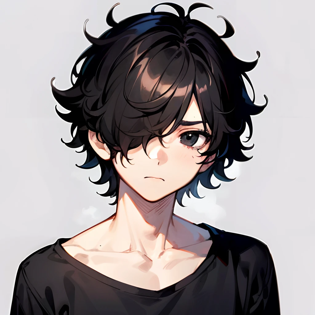 1boy, short black messy curly hair, hair over one eye, black eyes, black T-shirt, sad expression, solo, best quality, masterpiece, portrait, simple background, looking at the camera, from the front, 1result, vibrant, detailed, perfect anatomy, detailed art, high definition, 4k, high resolution