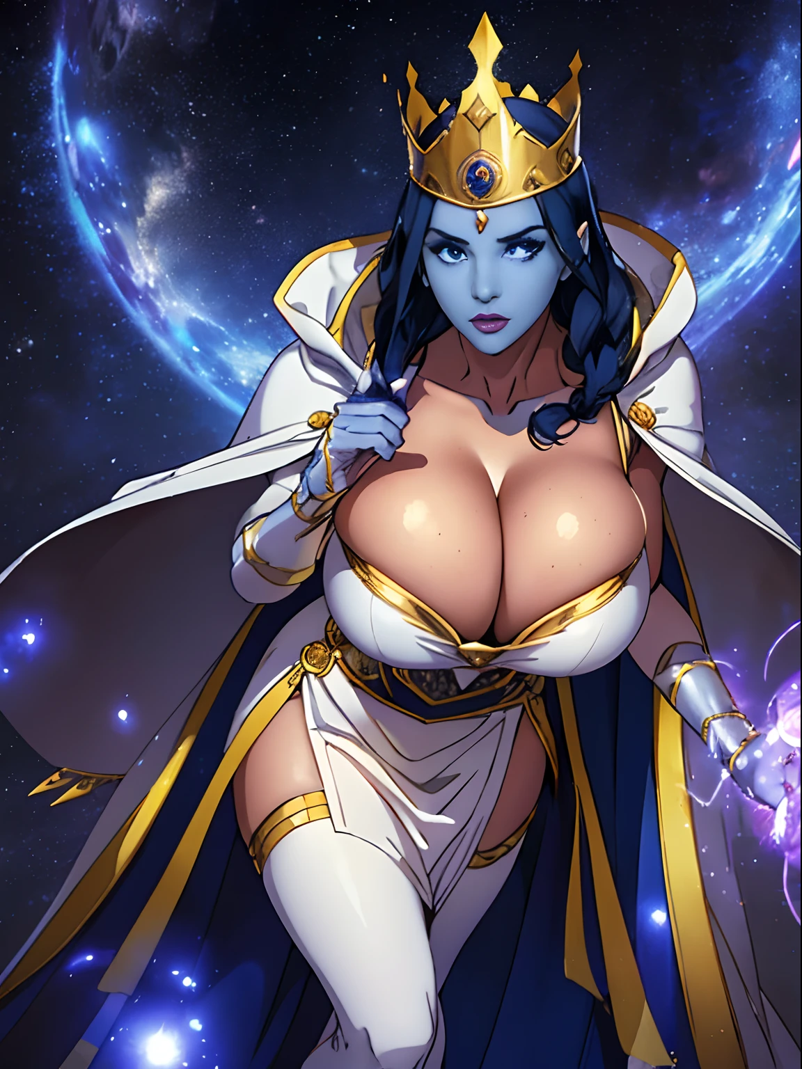 (masterpiece, top quality, best quality, official art, beautiful and aesthetic:1.2), (1girl:1.3), dark blue hair in braid, extremely detailed, portrait, looking at viewer, solo, (full body:0.6), detailed background, close up, (cool science fiction space theme:1.1), ((((blue skin)))), extremely busty sorceress, charlatan, mysterious, casting spells in space, four arms, revealing white and gold robes, fingerless gloves, long gloves, glowing magical energy, blindfold, elaborate headdress, golden ceremonial crown, sheer white fabric, elegant robes, skirts, streamers, cowl, cape, sandals, bracers, ((((gigantic breasts, cleavage, skindentation)))), slim waist, slim hips, long legs, athletic, SPACE, futuristic moon, (space exterior:1.1) background, dark mysterious lighting, shadows, magical atmosphere, dutch angle