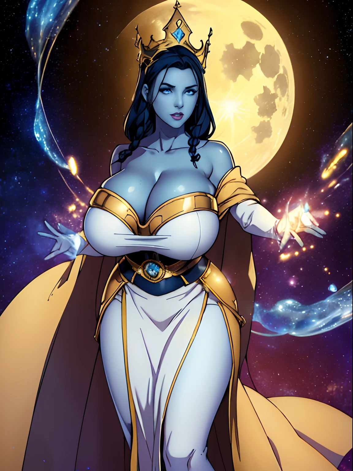 (masterpiece, top quality, best quality, official art, beautiful and aesthetic:1.2), (1girl:1.3), dark blue hair in braid, extremely detailed, portrait, looking at viewer, solo, (full body:0.6), detailed background, close up, (cool science fiction space theme:1.1), ((((blue skin)))), extremely busty sorceress, charlatan, mysterious, casting spells in space, four arms, revealing white and gold robes, fingerless gloves, long gloves, glowing magical energy, blindfold, elaborate headdress, golden ceremonial crown, sheer white fabric, elegant robes, skirts, streamers, cowl, cape, sandals, bracers, ((((gigantic breasts, cleavage, skindentation)))), slim waist, slim hips, long legs, athletic, SPACE, futuristic moon, (space exterior:1.1) background, dark mysterious lighting, shadows, magical atmosphere, dutch angle