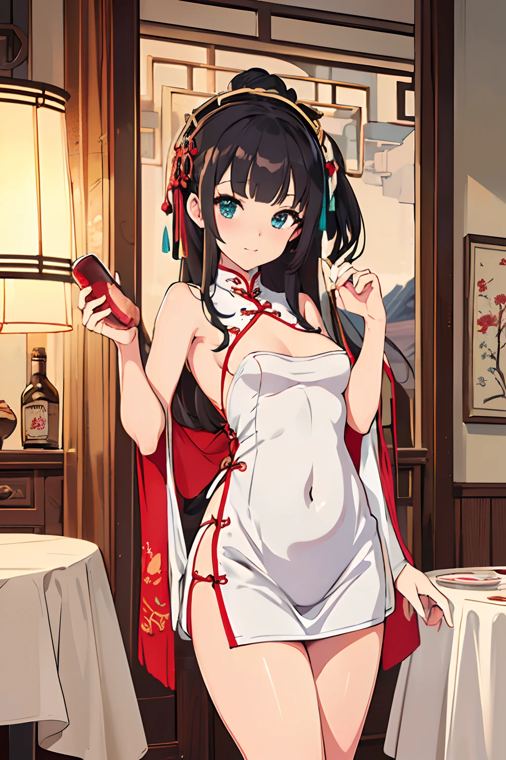 (masutepiece,Best Quality,High quality,ultra-detailliert,Extremely detailed,超A high resolution,Best aesthetic,8K),Cowboy Shot,Beautuful Women,,(((flat chest,beautiful boob))),(((Protruding areola,,Open chest))),(White cheongsam),Chinese Restaurant,Drunk,Drink alcohol