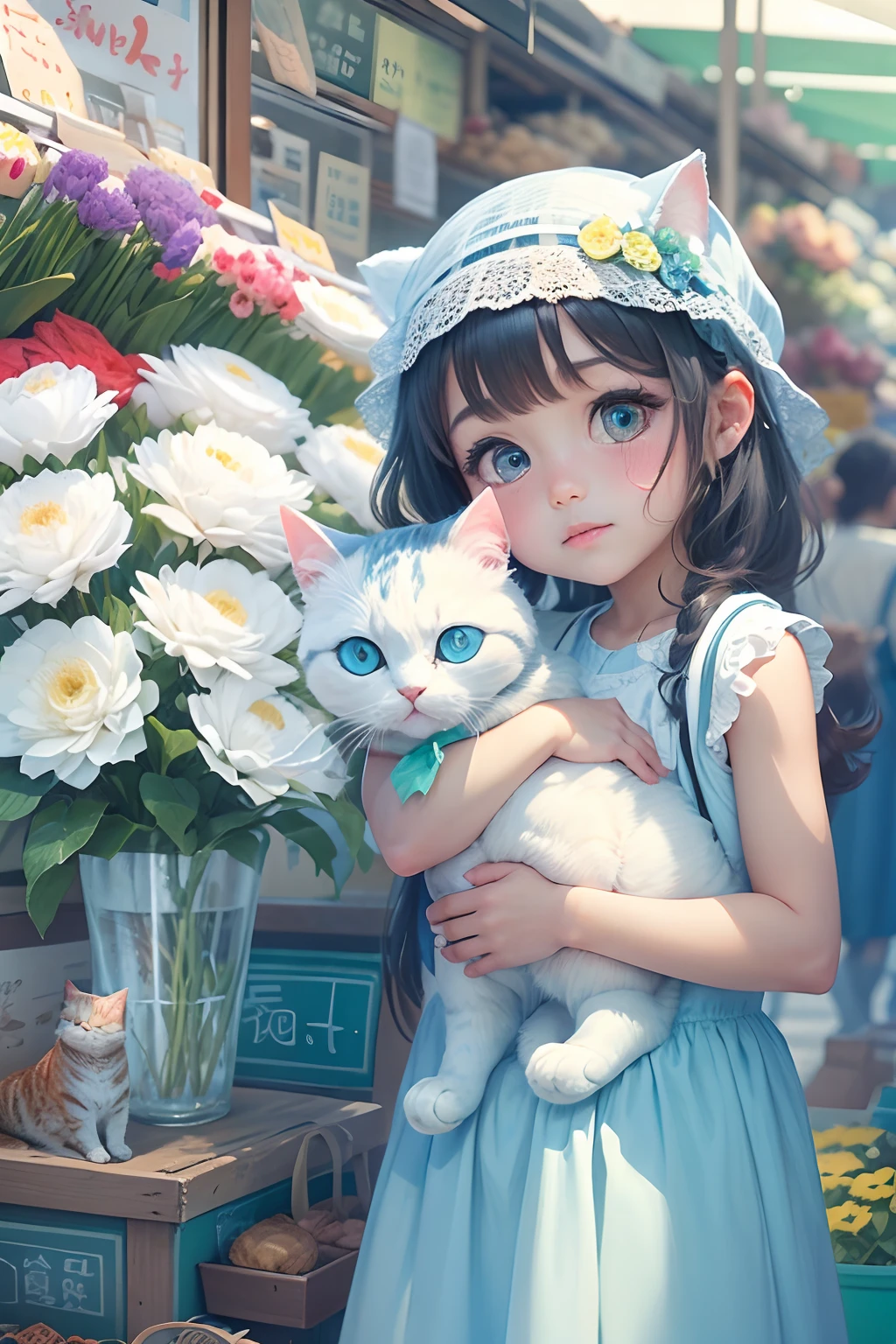 8 years old girl, and a round-eyed cute cat, Flower market to buy flowers, The décor is blue and white series ,streetview.,
