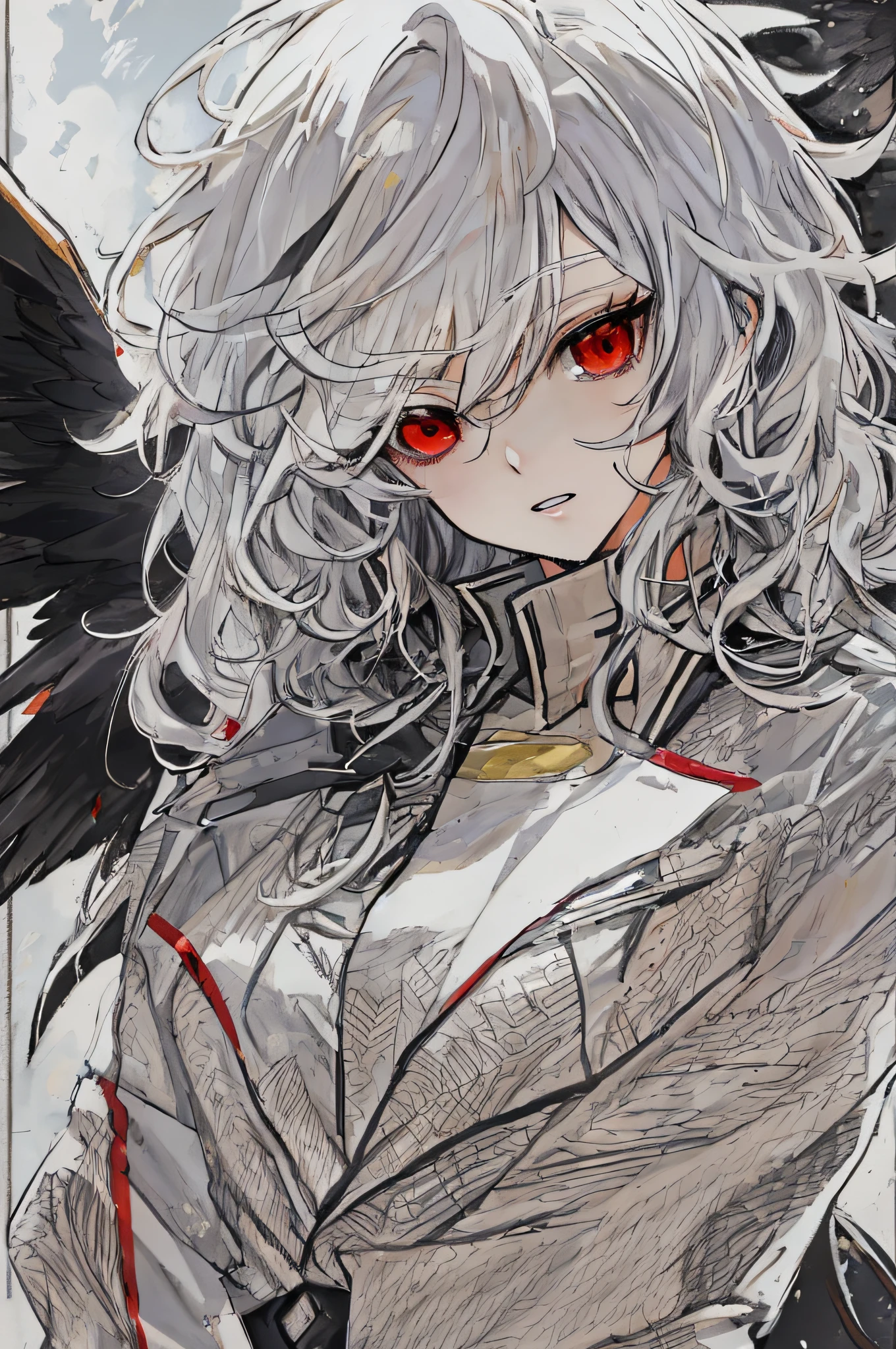 Black Phoenix,Anime shoujo,(((solo person))),Wear a top that exposes your navel,Long black trench coat,Messy white hair,with a red eyes,Slightly helpless