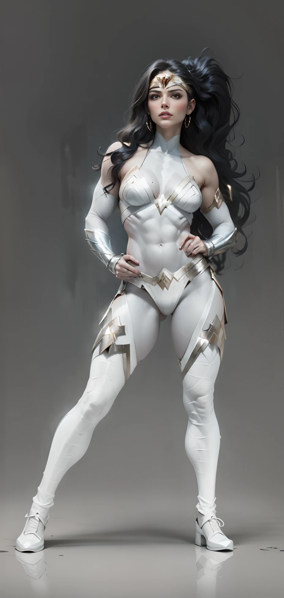 Hermosa y exhuberante Wonder Woman, luciendo un traje blanco al estilo de Wonder Woman