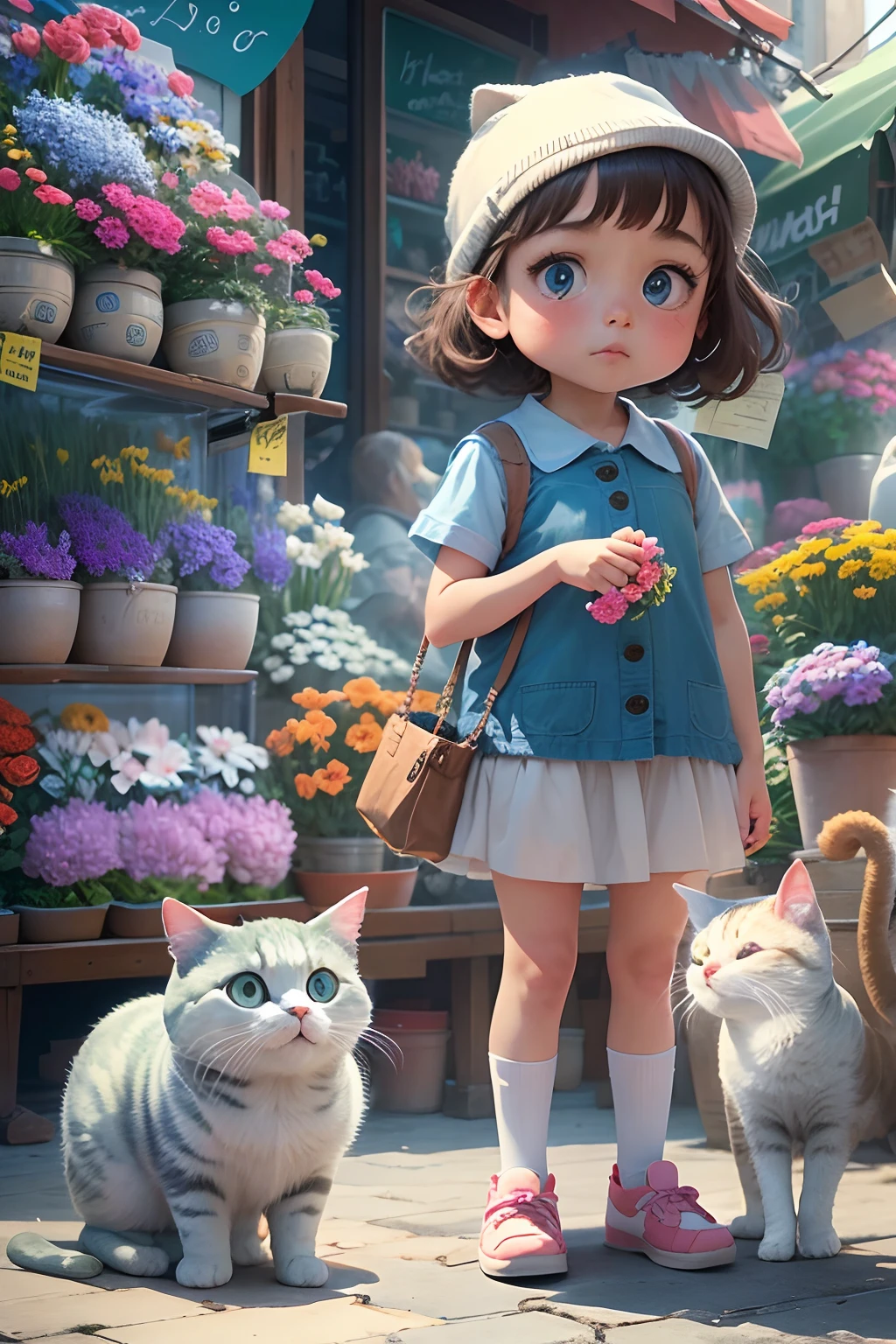 8 years old girl, and a round-eyed cute cat, Flower market to buy flowers, The décor is blue and white series ,streetview.,