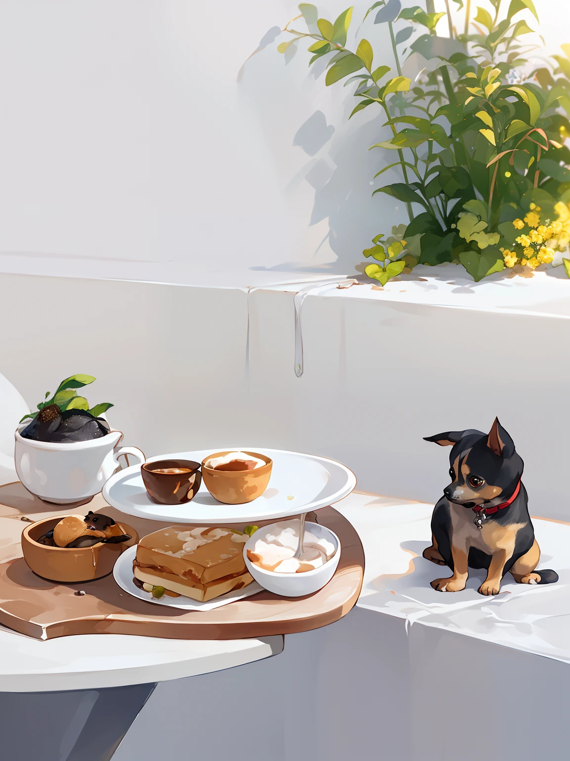 ​masterpiece、Top image quality、8k、There is a Black Tan Chihuahua puppy sitting on a table holding a tray of food, cafe for felted animals, loputyn and matcha, Cute:2, having a snack, :3, taken with sony alpha 9, mouthwatering, by Emma Andijewska, :6, small dog, ohwx, 3delight