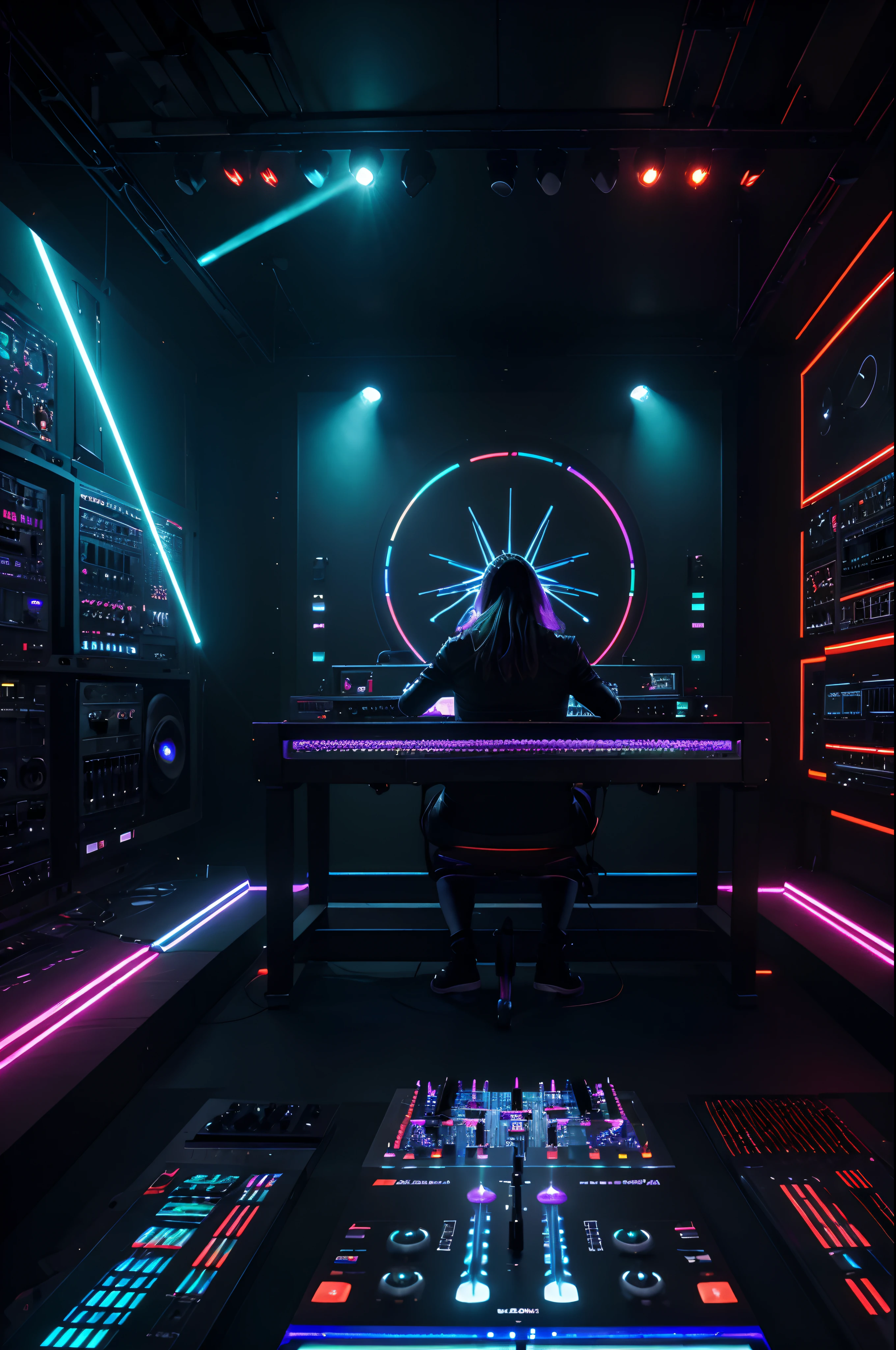 (best quality,4k,8k,highres,masterpiece:1.2),ultra-detailed,(realistic,photorealistic,photo-realistic:1.37),dark,moody,conceptual,dj,music mixing,mixing board,headphones,strobe lights,vibrant colors,studio setting,dynamic,futuristic,tech-inspired,electronic music,DJ,creative,passionate,tempo,twist knobs,adjust faders,create beats,dance floor energy,blurred background,dynamic motion lines,glowing buttons,exquisite details,sharp focus,illuminated workspace,laser-like precision,electronic sound waves,artistic expression,fluid movements,innovative equipment,professional setup,electronic dance music,inspiring atmosphere,hypnotic rhythm,audio visualization,creative energy,elevating experience,laser show,mental escape,vivid visual representation,immersive audio journey,transformative performance,energetic crowd,dynamic lighting effects,artistic mastery,electrifying ambiance,unleash creativity,vibrant energy,thrilling sensations,unforgettable experience,sonic enlightenment.