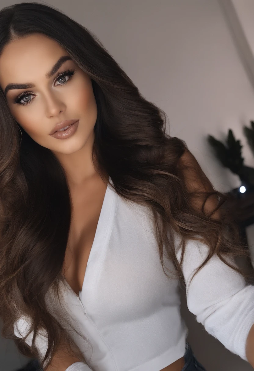 mulher arafed totalmente , Menina sexy com olhos castanhos, ultra realistic, meticulosamente detalhado, Retrato Sophie Mudd, cabelos castanhos e olhos grandes, selfie de uma jovem mulher, Olhos de Dubai, Violeta Myers, sem maquiagem, maquiagem natural, Looking directly at the camera, Rosto com ArtGram, maquiagem sutil, impressionante tiro de corpo inteiro ajoelhado na cama, no quarto, medium to large bust