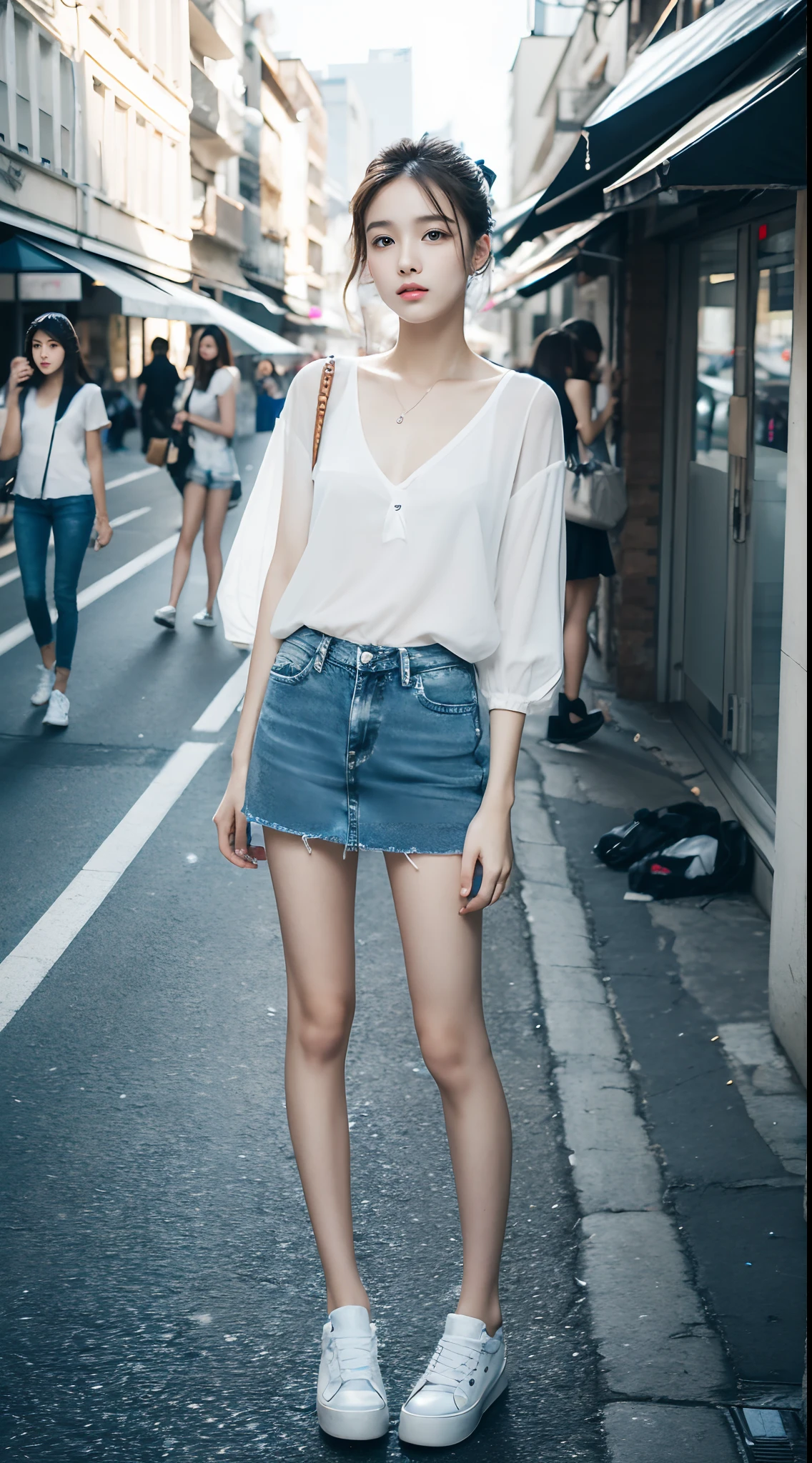 young girl, resembling the model in the provided image, with E cup size, wearing light clothing and shorts, standing in a park, bright and sunny day, greenery and trees around, casual and relaxed atmosphere, neat and fresh look, short hair, smiling brightly, happy and lively moment, outdoors
