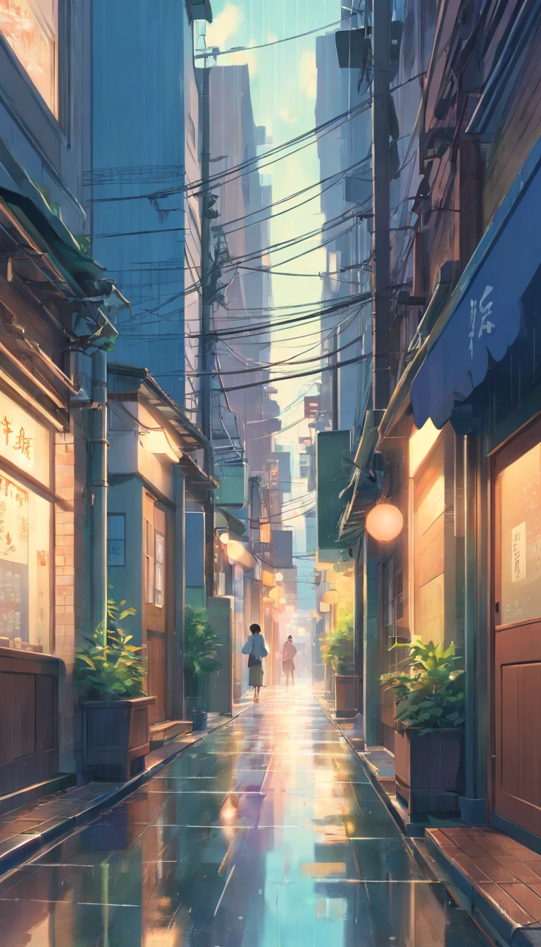View from the doorway，Street view on a rainy day，Super detail, High details