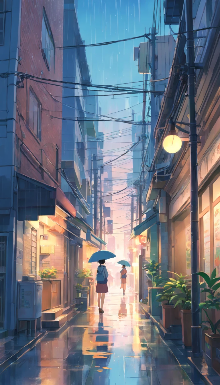 View from the doorway,Street view on a rainy day,Super detail, High details