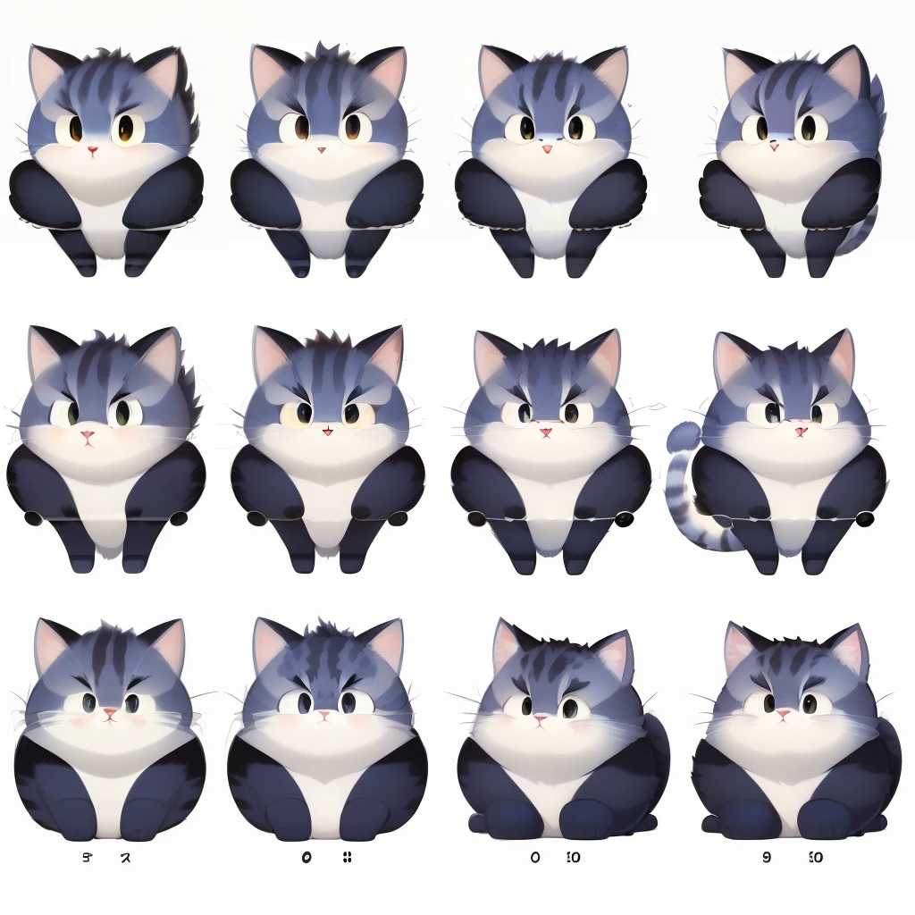 (big expressive eyes,character sheet,full body,white background,Pixar style,line variation,different angles,big fluffy cat,simple round-shaped,big tail,black and white)