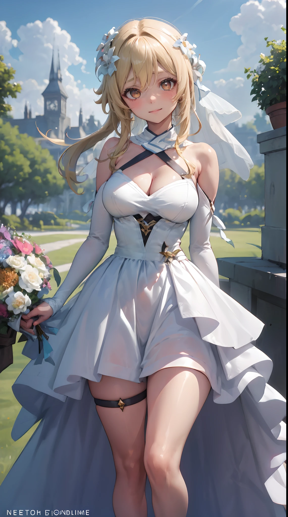 Lumine | genshin impact, master-piece, bestquality, 1girls,25 years old, proportional body, proportional., Wedding Dresses, White Wedding Dress, Long skirt, wedding, ,bara, Standing in the middle of a flower garden, outdoor, wedding, The sky is beautiful, Both hands hold a bouquet of flowers........................................, View viewers from the front., Thigh strap, Head tilt, bored, 10, 10, HD, slight smile,