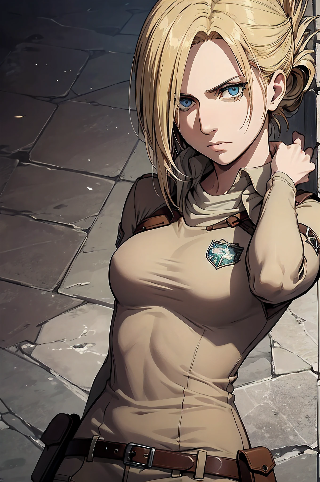 personagem: Annie Leonhart

Description of Physical Appearance:

Annie is a woman of average height, with an athletic and slender figure that reflects his agility in combat. Seus cabelos curtos e lisos, de um castanho escuro, caem elegantemente ao redor de seu rosto, incluindo uma franja que destaca seus olhos expressivos.

Her eyes are a striking feature, grandes e de um azul intenso, conveying a mix of determination and enigma. Their facial expression tends to be cold and calculating, revelando pouco sobre seus verdadeiros sentimentos.

Annie veste o uniforme distintivo do Corpo de Escoteiros, composto por uma jaqueta de couro marrom, Belt with pockets for equipment and the classic green cape with the troop emblem. O equipamento de manobra tridimensional que ela utiliza destaca sua habilidade em manobrar com destreza durante o combate.

When Annie activates her Titan ability, Its expression changes drastically. Seus olhos brilham com uma intensidade sobrenatural, and their expression takes on a more predatory appearance.

Remember to incorporate these details when creating visual representations of the character.]