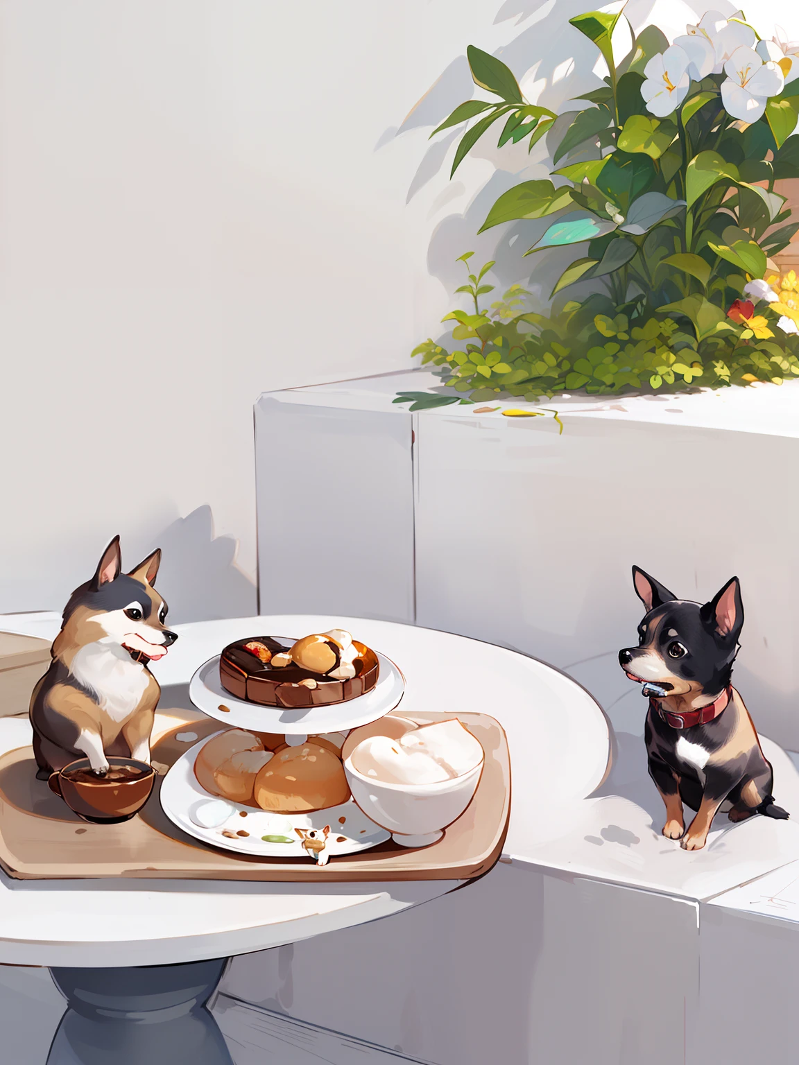 masterpiece、Top image quality、8k、There is a Black Tan Chihuahua puppy sitting on a table holding a tray of food, cafe for felted animals, loputyn and matcha, Cute:2, having a snack, :3, taken with sony alpha 9, mouthwatering, by Emma Andijewska, :6, small dog, ohwx, 3delight