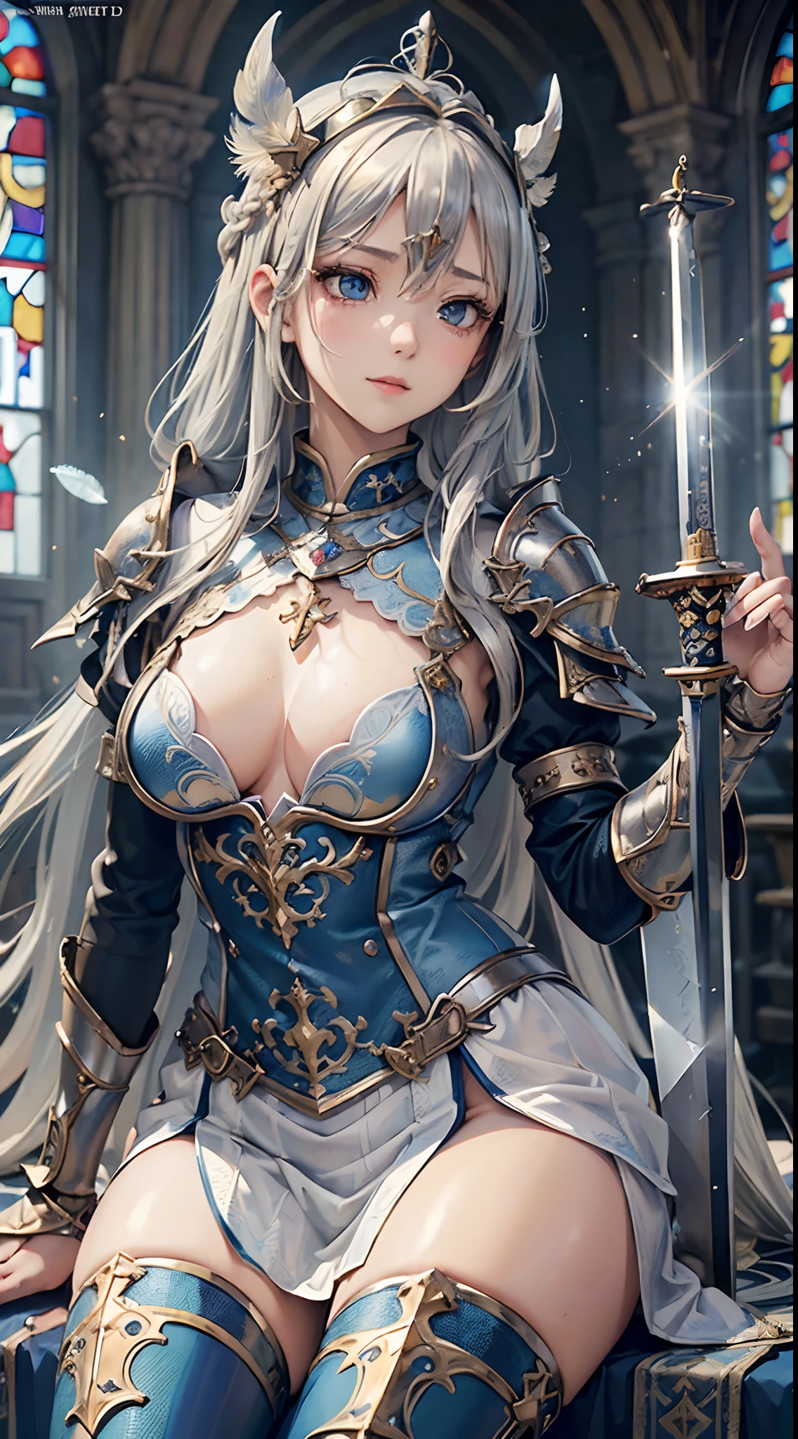(Official art、Best Quality、Unity 8k Wallpapers、32K、masterpiece、ultra-detailliert、超A high resolution、realisitic、Photorealsitic、Very ridiculous:1.2)、(Cinematic lighting:1.2)、Fireglow effect、film grains、Best Shadows、Rim lighting、side lights、(Ultra-detailed and complex 3D rendering)、Detailed beautiful face and eyes、Sharp pupils、Realistic pupils、A slender、1Man Woman、Medium bust、(Full body:1.2)、 beauitful face、-yeld beiful girl、(super detailed skin、detailed skin textures:1.3)、(silver blond、Blue-silver hair:1.3)、Paladin、Longhaire、Blunt bangs、Green eyes、3 braids in 1 bunch、(Blue Armor、Blue Boots、Blue helmet、Jeweled、Gold embroidery)、A slender、Maxi skirt、(thighs thighs thighs thighs:0.8)、(chies、in a house、Artistic stained glass、Large pipe organ、crosses、Hello Point、Mystical、a lot of feathers float、angelicales、Particles of light、solemnity、Sunlight is、colourfull、Fantastical:1.2)、(Fantastical:1.3)、(Holding the Holy Sword:1.4)、(Looking away、looking distantly:1.3)、Fantastical、Gentle smile