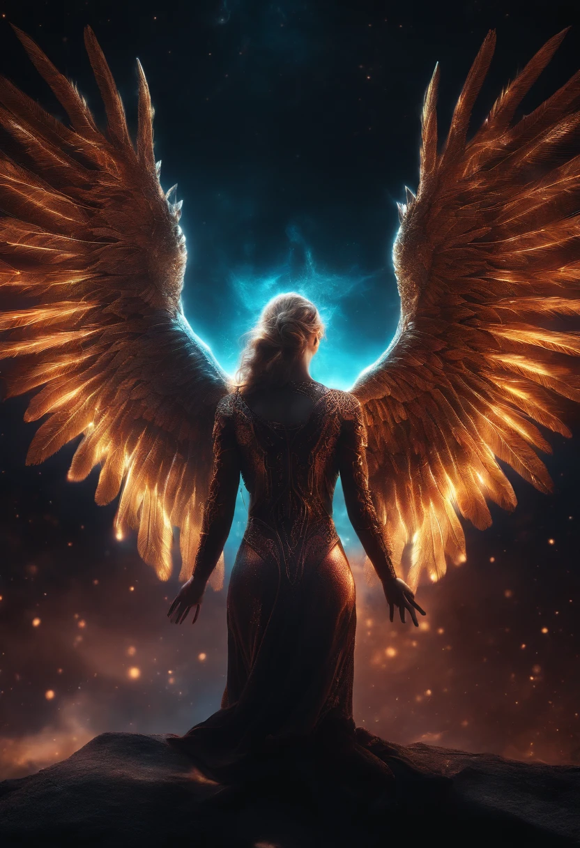 Cosmic Fallen Angel, glowing light eyes, Biomechanical, eerie, Creepy, nightmarish, Very bright colors, Light particles, with light glowing, Mshiff, wallpaper art, UHD wallpaper