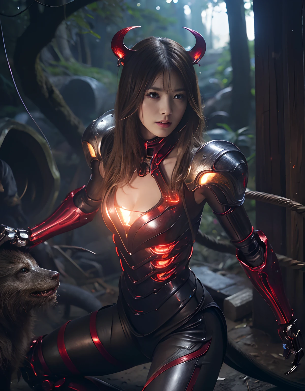 (1 Mechanical Girl)、top-quality、​masterpiece、超A high resolution、(Photorealsitic:1.4)、Raw photo、女の子1人、Golden hair、glowy skin、(((1 Mechanical Girl)))、With a beautiful knife、（Blue Metal Bodysuit）、（Fight fiercely against aliens）、Fight fiercely、(beautiful forest background)、(Fighting Demonic Beasts)、(Small LED)、((super realistic details))、portlate、(Strong giant demon beast background),globalillumination、Shadow、octan render、8K、ultrasharp、Colossal tits、Raw skin is exposed in cleavage、metals、Details of complex ornaments、Japan details、highly intricate detail、Realistic light、(Mystical expression),CGSoation Trends、Red Eyes、radiant eyes、Facing the camera、neon details、(Mechanical limbs)、(blood vessels connected to tubes)、Mechanical vertebrae attached to the back、mechanical cervical attaching to neck、(Wires and cables connecting to the head)、Gundam、Small LED、,Mechanical thighs、Toostock、（Hands are also made of machines）、（Attack of the Monster Beasts）、（Wounded in a deadly battle）、
