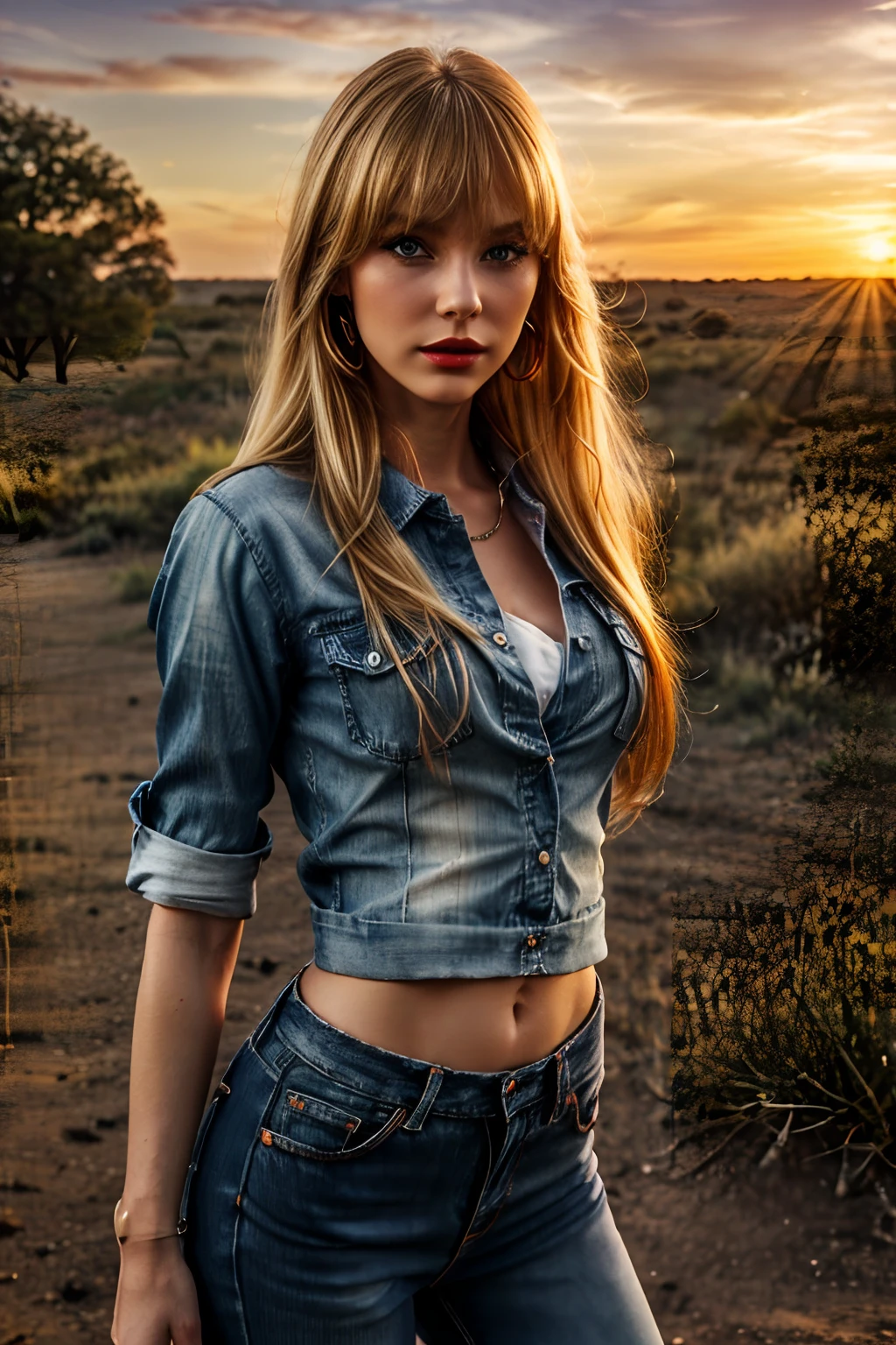 (8k, RAW photo, best quality, masterpiece:1.2), (realistic, photo-realistic:1.37), ( blonde young woman, slim, slender, small breast, tiny tits, (stands with her legs apart):1.1, (slender thin hips, round buttocks, sunken belly), ((blue denim open shirt)), (full body shot, low angle shot), 1girl, solo, jewellery, earrings, blond long hair, hair bangs, blue eyes, looking at viewer, realistic, makeup, full body, sunset background, red lips, outback background, eye shadow, multi coloured hair