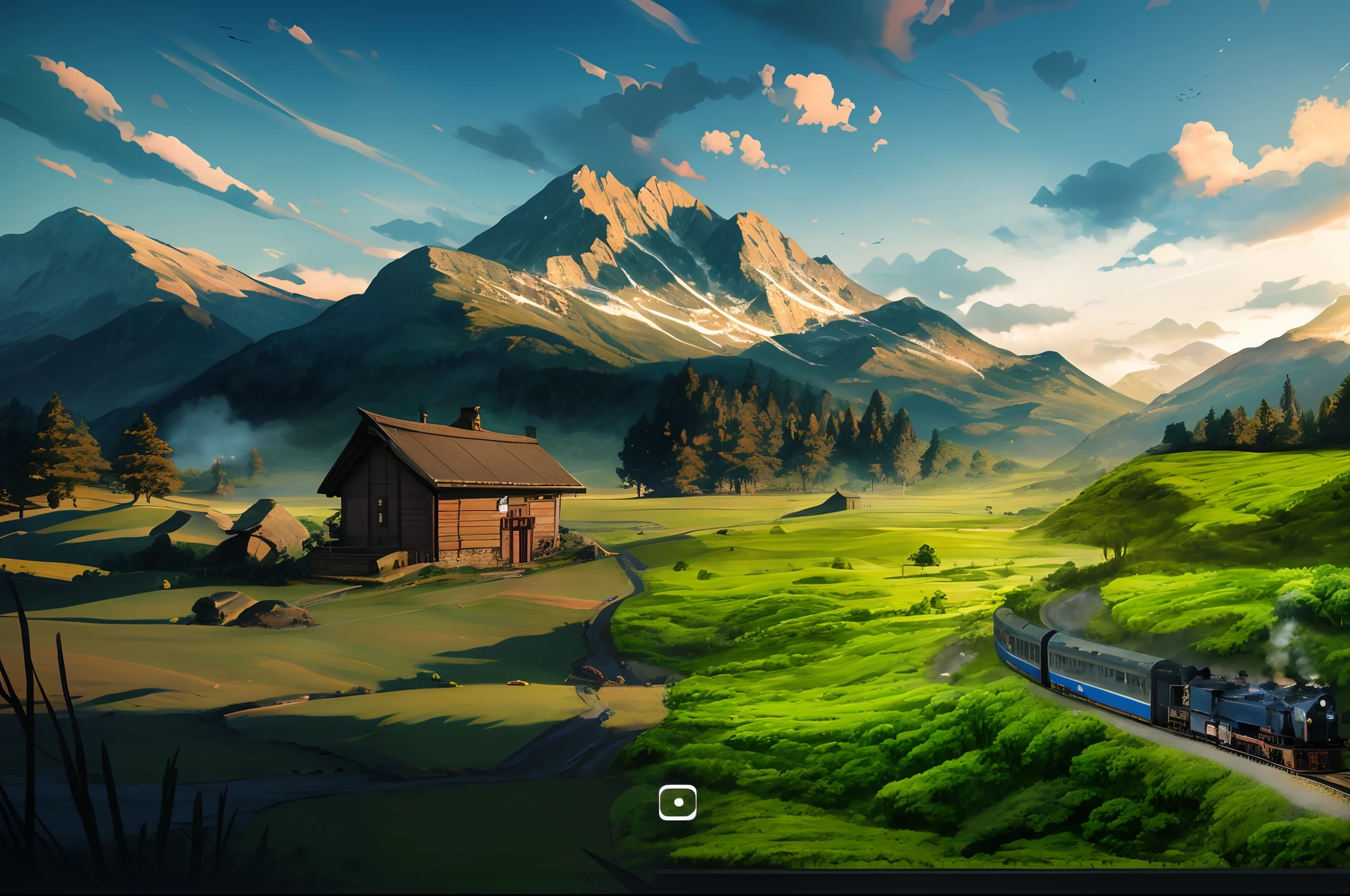 painting of a train traveling through a lush green countryside with mountains in the background, amazing wallpaper, landscape wallpaper, scenery art detailed, scenery wallpaper, detailed scenery —width 672, 4k highly detailed digital art, 4 k hd wallpaper very detailed, beautiful wallpaper, 3 d virtual landscape painting, 8k high quality detailed art, beatiful backgrounds, scenery artwork