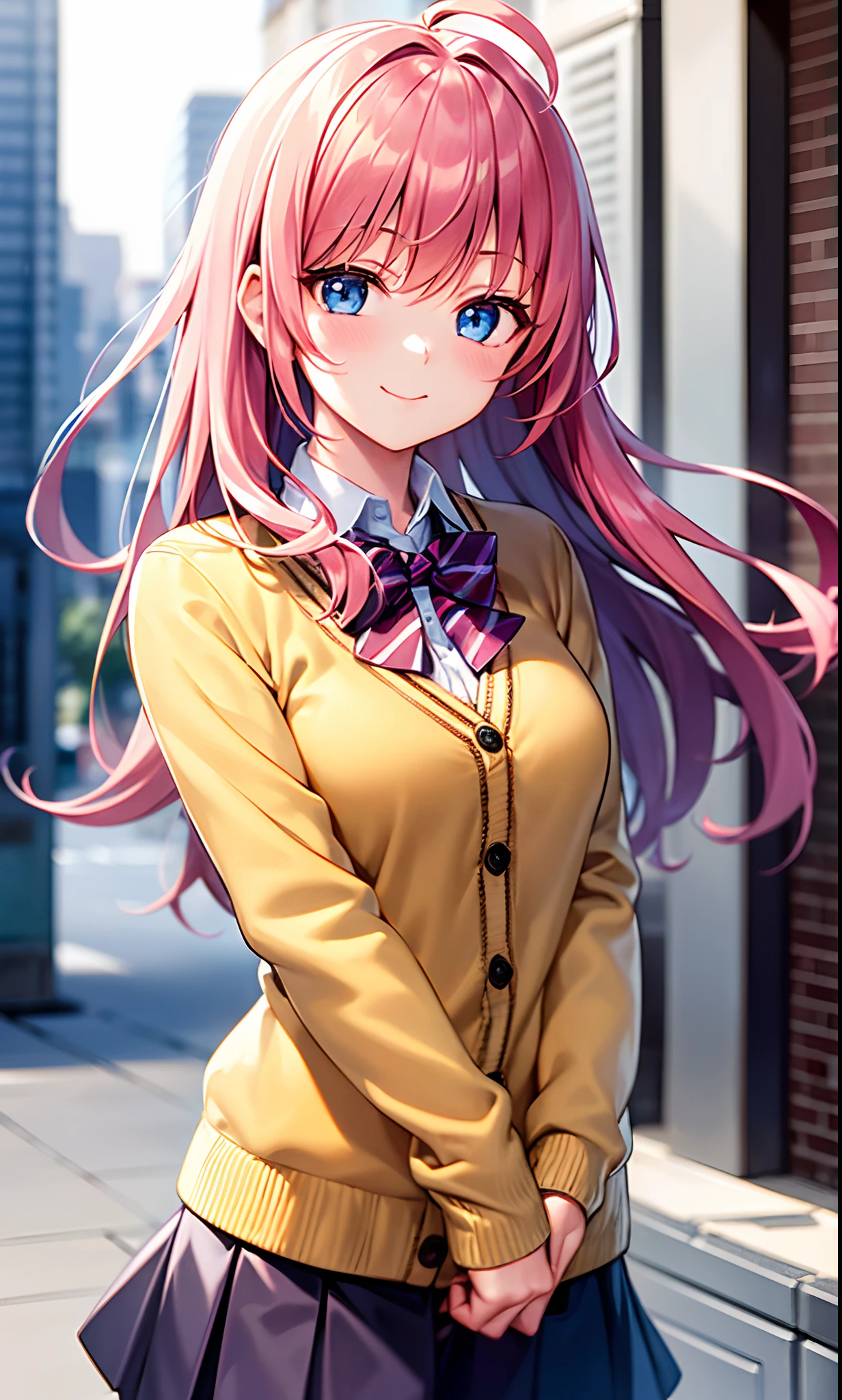 (Masterpiece* High Quality*High Resolution*Detailed 8K CG Wallpaper*8K Wallpape*HDR* Diamond And Glaring Eyes *Beautiful Detailed Eyes* Glowing Big Eyes*Cute Face*Anime Face* ((best quality)), ((masterpiece)), ((ultra-detailed)). (illustration), (detailed light), (an extremely delicate and beautiful)), in city, building, cherry blossom, outdoors, blue sky, day, 1 girl, 19 years old, collared shirt, dress shirt, standing, small breasts, bow, white shirt, solo focus, looking at viewer, blue eyes, pink hair, (long hair:1.7), choppy cute, swept bangs, ahoge, eyes visible through hair, streaked hair, multicolored hair, (short skirt:1.1), school uniform, skirt, shirt tucked in, yellow cardigan, long cardigan, long sleeves, striped bow, cute smile, :3, blush, bare legs, cowboy shot, dynamic angle, wide shot