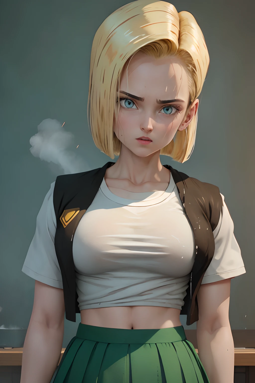 Android 18 posing with Android 16, she's wearing her classic blue skirt and black jacket with long striped sleeves. She is soaked with sweat. (sweat soaked) her chest strains the fabric of her white t-shirt and medium sized, sweaty breasts are partially visible through her soaked t-shirt. (blonde hair) (highly detailed skin) (UHD) (sexy, feminine, sweat) (high quality) (dynamic pose)