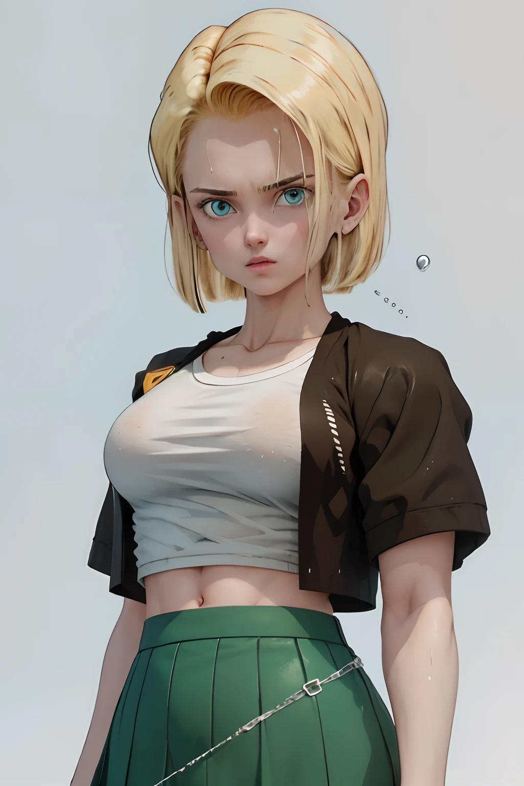 Android 18 posing with Android 16, she's wearing her classic blue skirt and black jacket with long striped sleeves. She is soaked with sweat. (sweat soaked) her chest strains the fabric of her white t-shirt and medium sized, sweaty breasts are partially visible through her soaked t-shirt. (blonde hair) (highly detailed skin) (UHD) (sexy, feminine, sweat) (high quality) (dynamic pose)