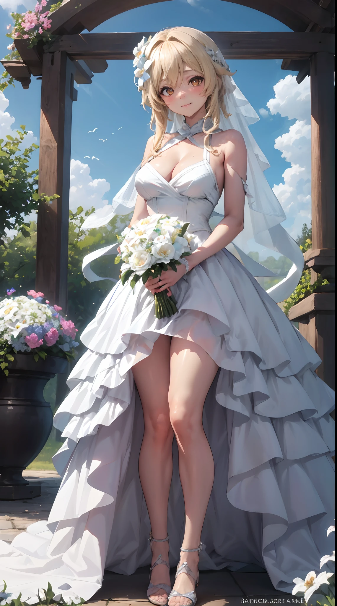 Lumine | genshin impact, master-piece, bestquality, 1girls,25 years old, proportional body, proportional., Wedding Dresses, White Wedding Dress, Long skirt, wedding, ,bara, Standing in the middle of a flower garden, outdoor, wedding, The sky is beautiful, Both hands hold a bouquet of flowers........................................, View viewers from the front., Thigh strap, Head tilt, bored, 10, 10, HD, slight smile,