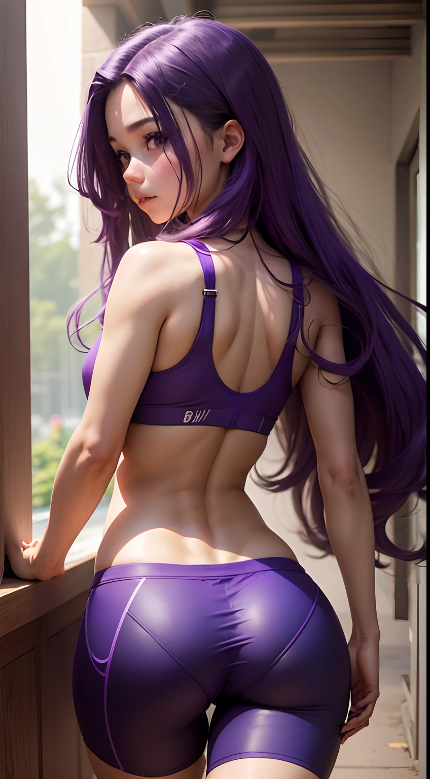 Girl with long purple hair slim, cuteface, little chest, In cycling shorts, Curved Forward, seen from behind
