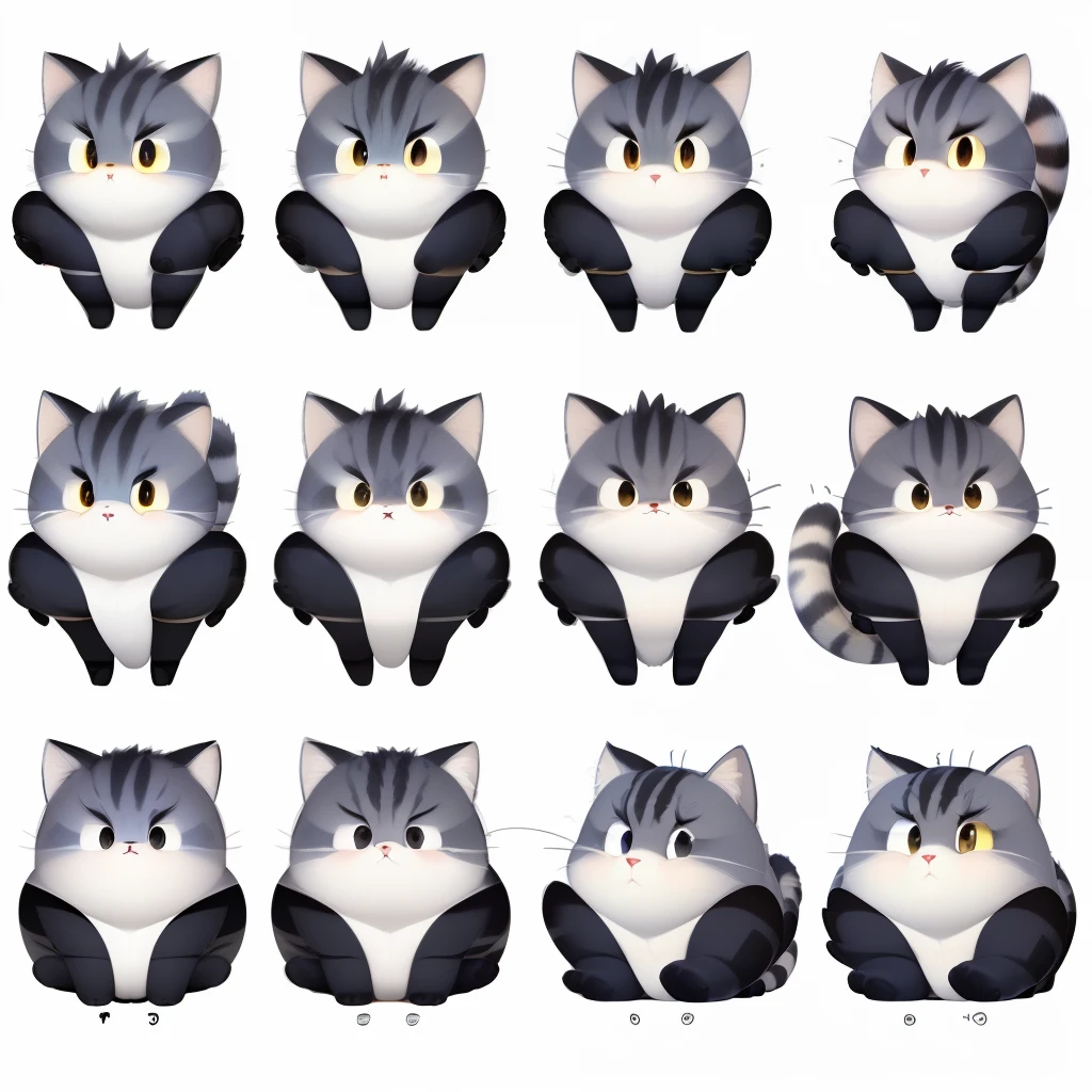 (big expressive eyes,character sheet,full body,white background,Pixar style,line variation,different angles,front ,back side view of full boy , have yellow stripes,big fluffy cat,simple round-shaped,big tail,black and white)
