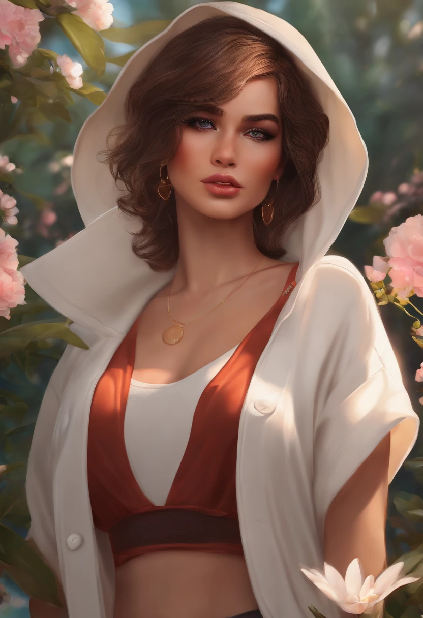 cmodel, digital illustration, (masterpiece:1.2), high quality, detailed eyes, extremely beautiful young female, short hair, streetwear, thicc, (abs:1.2), (bloom:1.2)