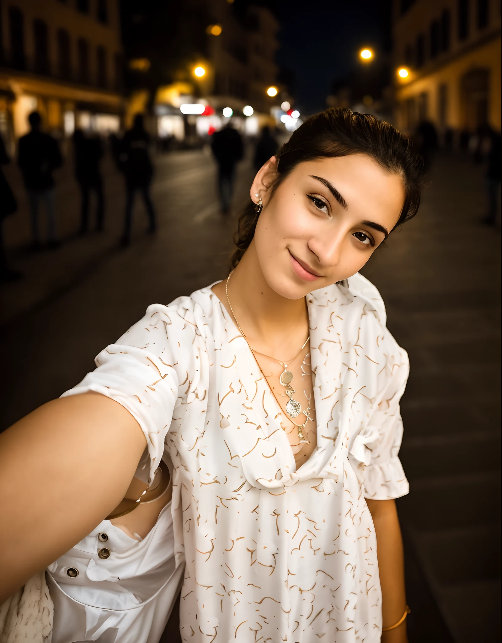 RAW photo, a portrait photo of 20 y.o italian woman in casual clothes, nigth, city street, (high detailed skin:1.2), 8k uhd, dslr, soft lighting, high quality, film grain, Fujifilm XT3