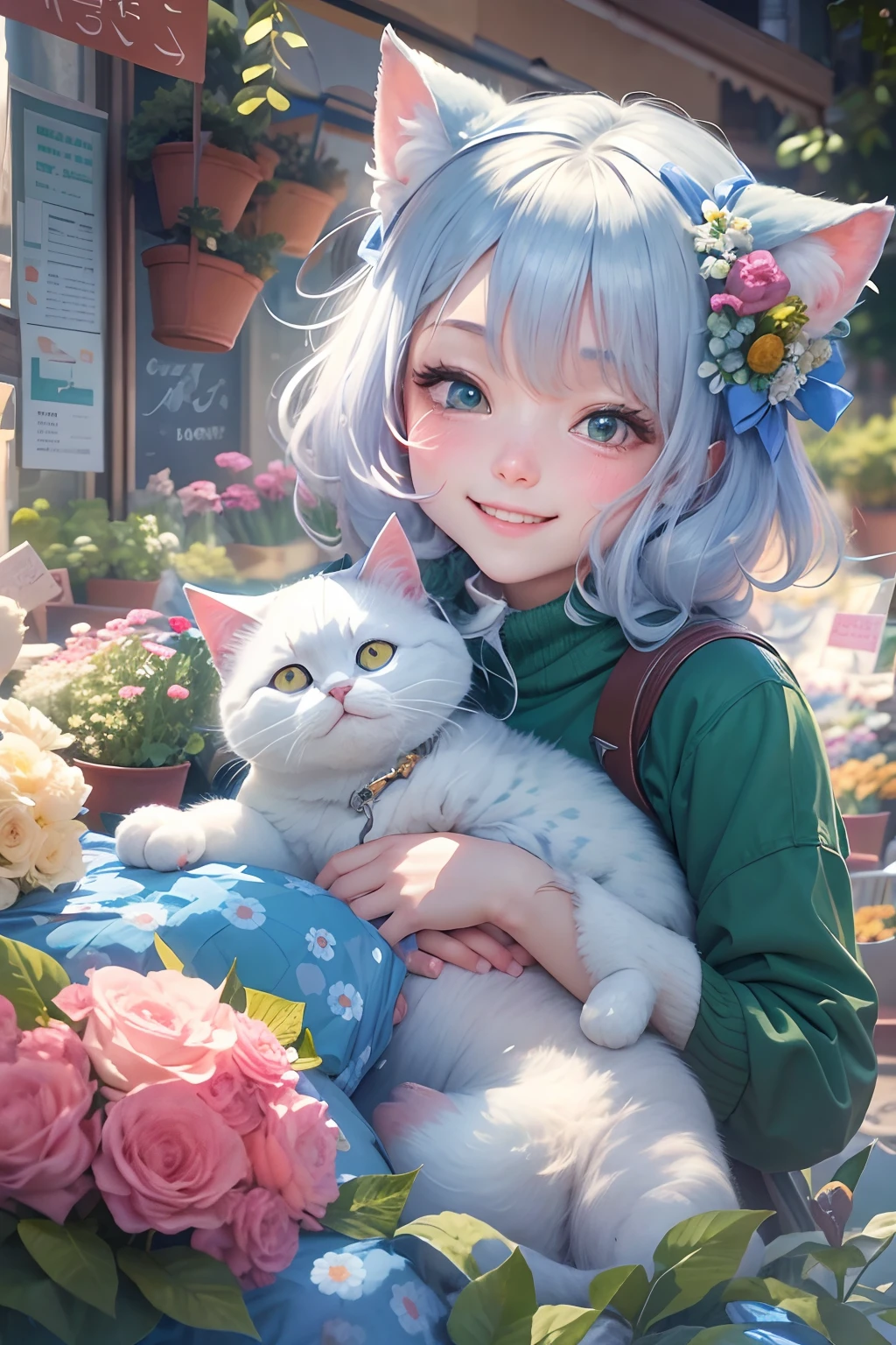 18 years old girl, smiling, and a round-eyed cute cat, Flower market to buy flowers, The décor is blue and white series ,streetview.,