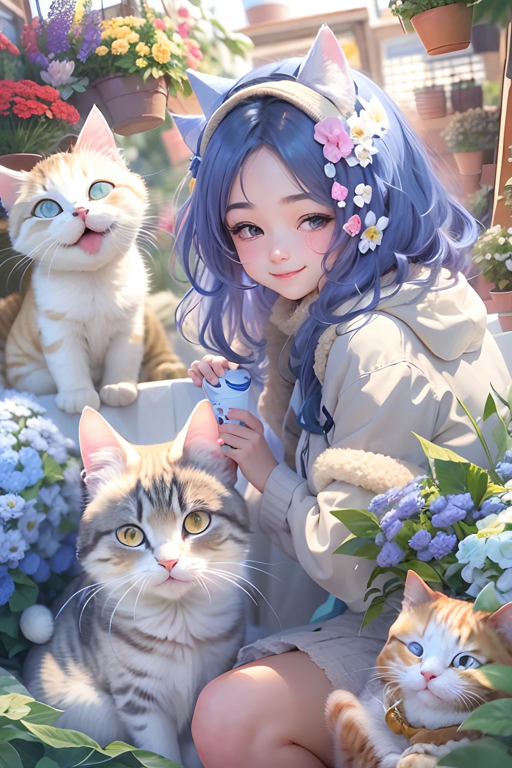 18 years old girl, smiling, and a round-eyed cute cat, Flower market to buy flowers, The décor is blue and white series ,streetview.,