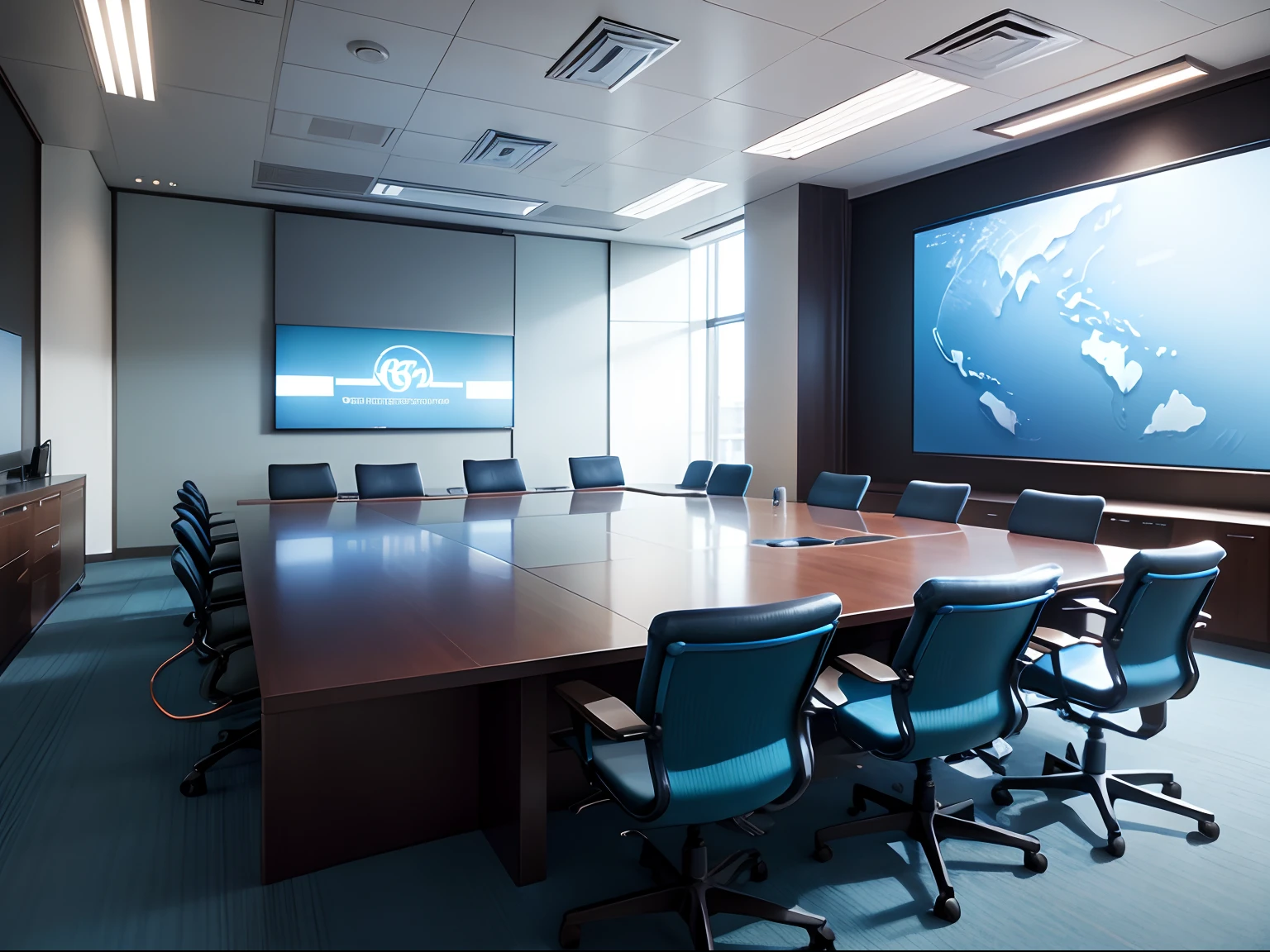 Ultraskyblue WEB on the screen Large boardroom with Global Network、 Large screen LCD display on front、 Ultraskyblue WEB on the screen View the Global Network、All chairs、Wood tone、Black leather upholstery、Make it a high-end high-grade chair