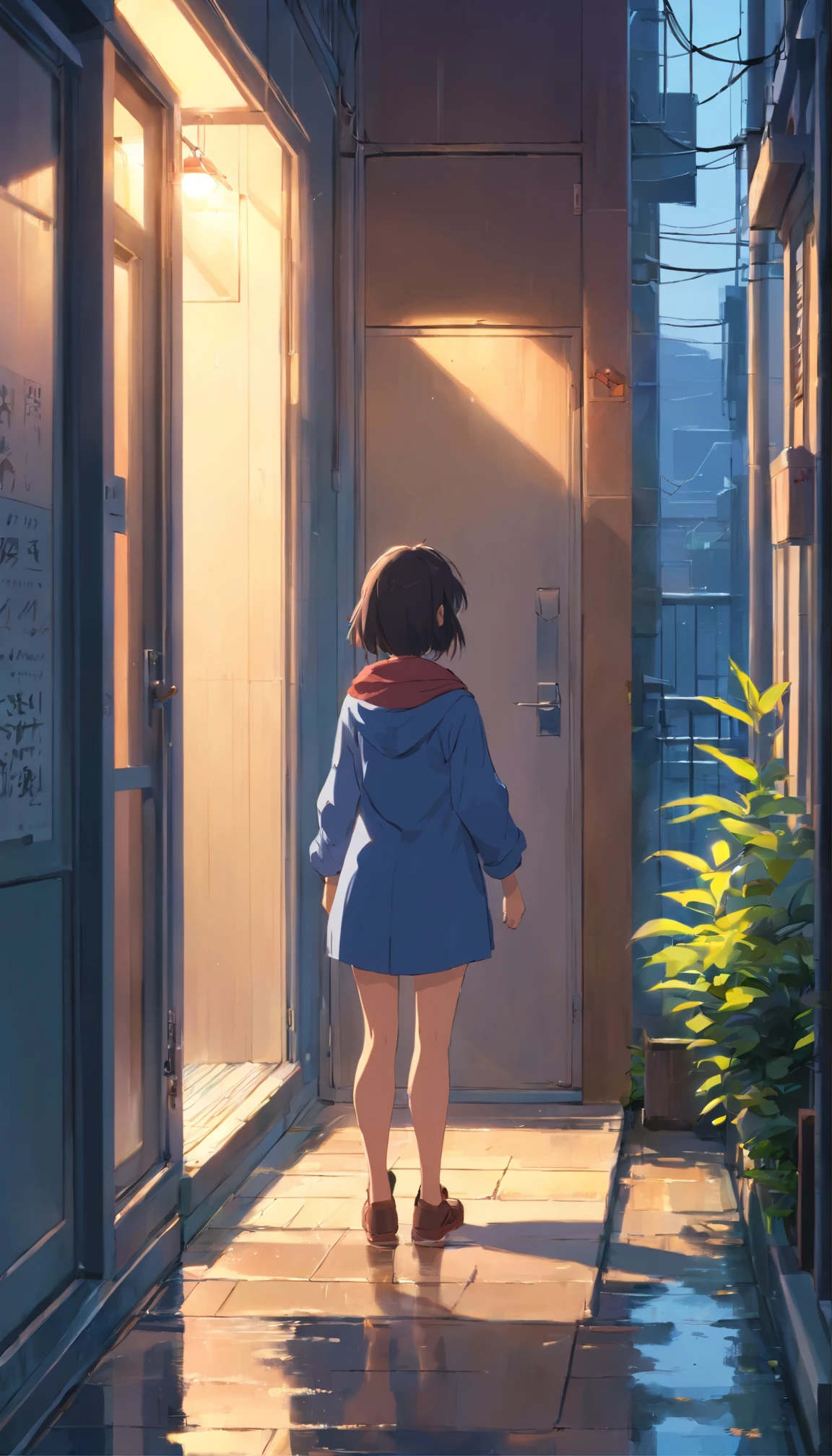 one-girl (Back shadow：1.2)，View from the doorway，Street view on a rainy day，Super detail, High details