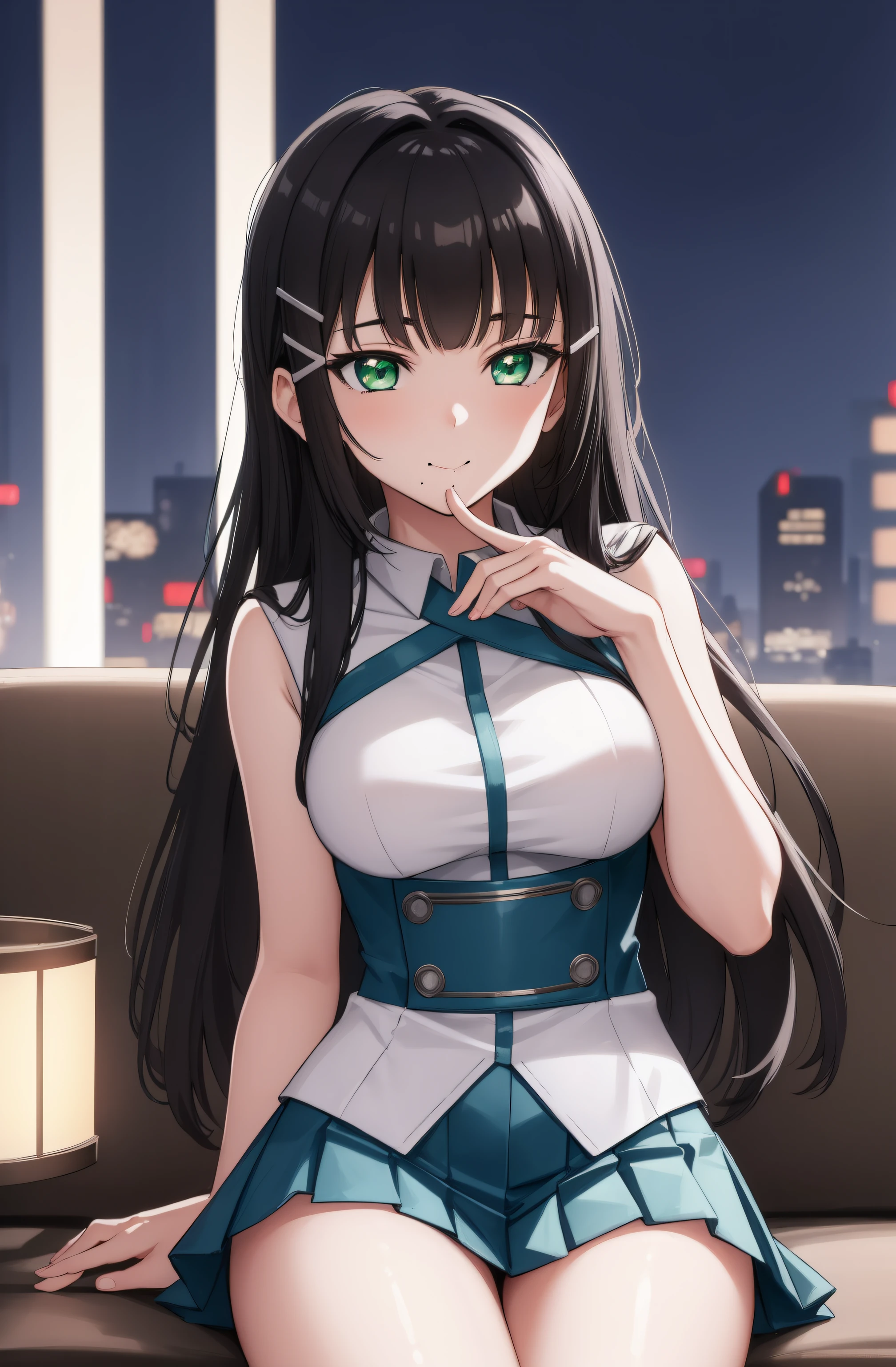 (Night:1.7), Cyberpunk_CityView, Before Window,
sitting at attention,sitting on couch,
wearing school uniform, skirt, vest, yellow vest,
dia kurosawa, black hair, (green eyes:1.5), blunt bangs, grey skirt, hair ornament, hairclip, mole, mole under mouth, long hair,
1 girl, 20yo,young female,Beautiful Finger,Beautiful long legs,Beautiful body,Beautiful Nose,Beautiful character design, perfect eyes, perfect face,
looking at viewer, (innocent_big_eyes:1.0),(expressionless:1.3),seductive anime girl.teasing smile, 
NSFW,official art,extremely detailed CG unity 8k wallpaper, perfect lighting,Colorful, Bright_Front_face_Lighting,
(masterpiece:1.0),(best_quality:1.0), ultra high res,4K,ultra-detailed,
photography, 8K, HDR, highres, absurdres:1.2, Kodak portra 400, film grain, blurry background, bokeh:1.2, lens flare, (vibrant_color:1.2)
(Beautiful,medium_Breasts:1.4), (beautiful_face:1.5),(narrow_waist),(perfect hands, perfect anatomy)