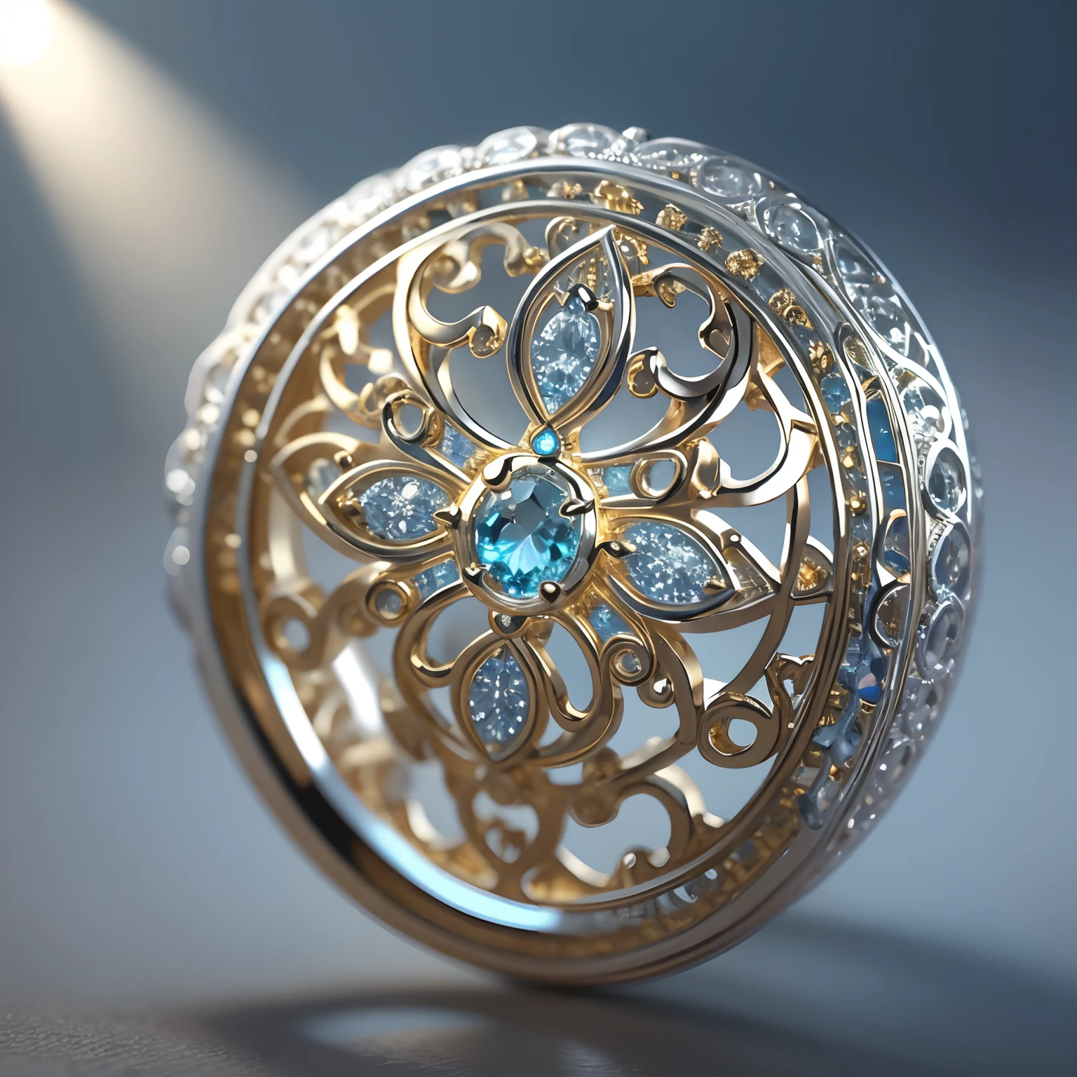 One Ring Focus, Beautiful Metal Ring, The best images, Detailed and delicate depiction, gold、Silver、Triple ring in platinum、Glossy polished finish, Brilliant, Blurry background light blue, Iridescent light particles, Professional Lighting